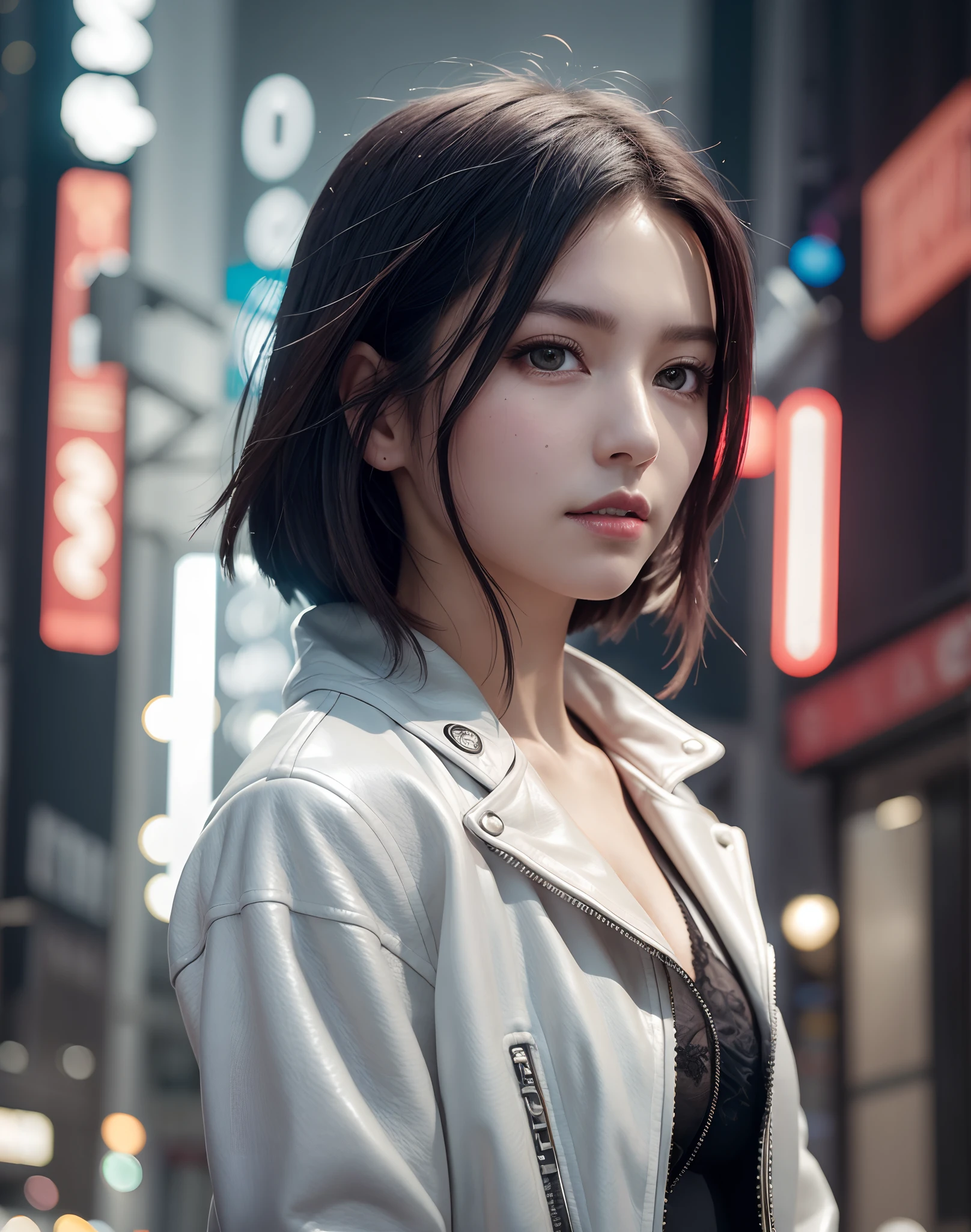 Portrait of Embhuhaiz, Beautiful face, in cyberpunk city at night. She wears a white leather open jacket,lingerie, Dramatic Lighting, (police badge:1.2).Sexy female policeman