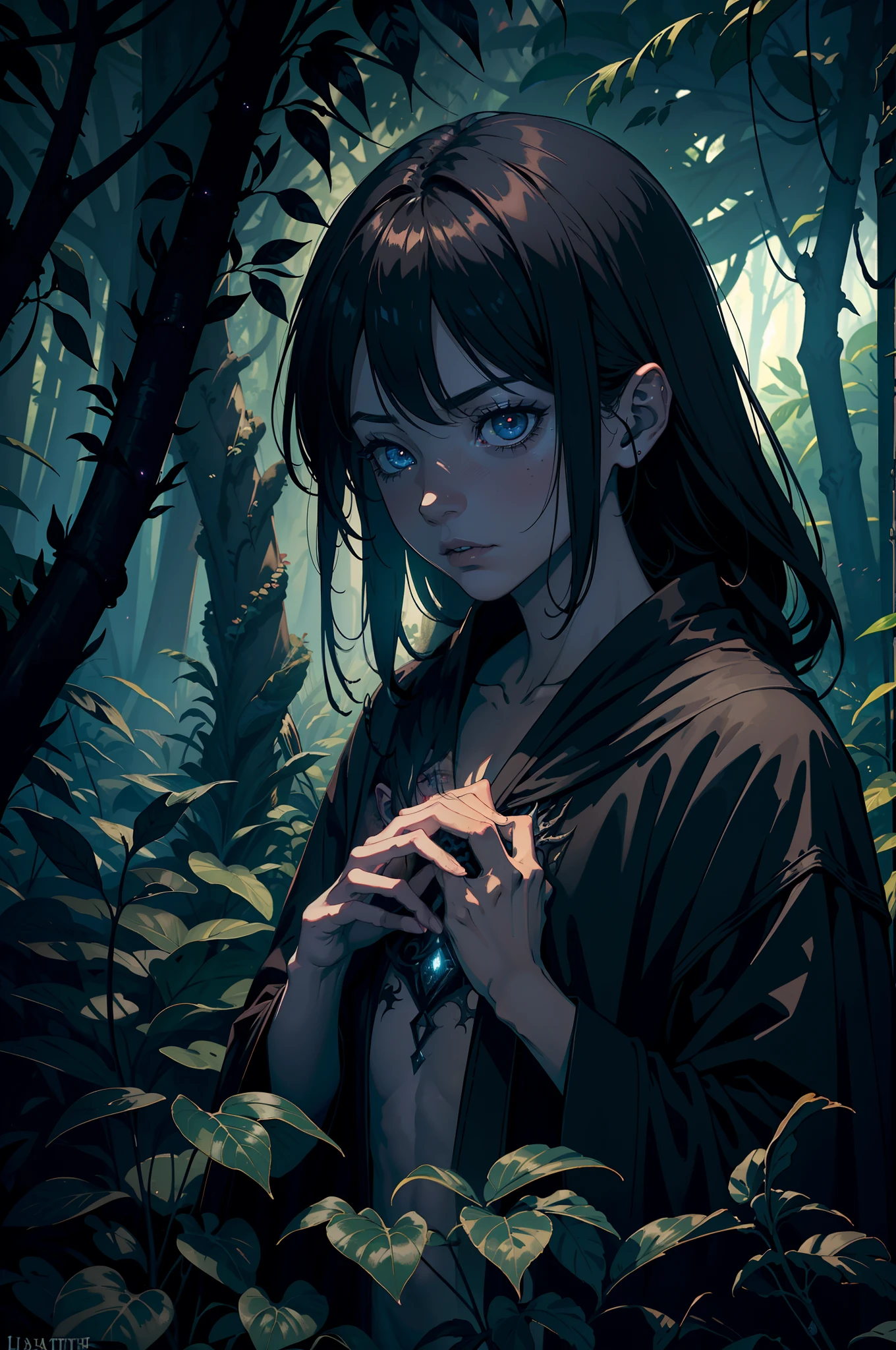 (brazilian,necromancer:1.1,boy,2girls) in a (lush,vibrant,tropical) garden,(dark magic,spooky atmosphere) creates a (sinister,mysterious) vibe. The boy has (intense,dark) eyes that seem to glow with (supernatural,powerful) energy. His beautiful detailed lips are slightly open, as if casting an enchantment. He wears a (stylish,black) robe adorned with (intricate,occult) symbols, reflecting his mastery of dark magic. The garden is filled with (exotic,unusual) plants and flowers, adding to the mystical ambiance. The (sunlight,moonlight) shines through the dense foliage, casting eerie shadows. The scene is bathed in (best quality,highres) colors, with a (mysterious,dramatic) color tone dominating the atmosphere. The (sharp focus,ultra-detailed) rendering captures every (creepy,fascinating) detail, from the boy's long eyelashes to the delicate veins on the leaves. The (horror,fantasy) art style adds a sense of (dread,excitement) and immerses the viewer in a world of magic and adventure.