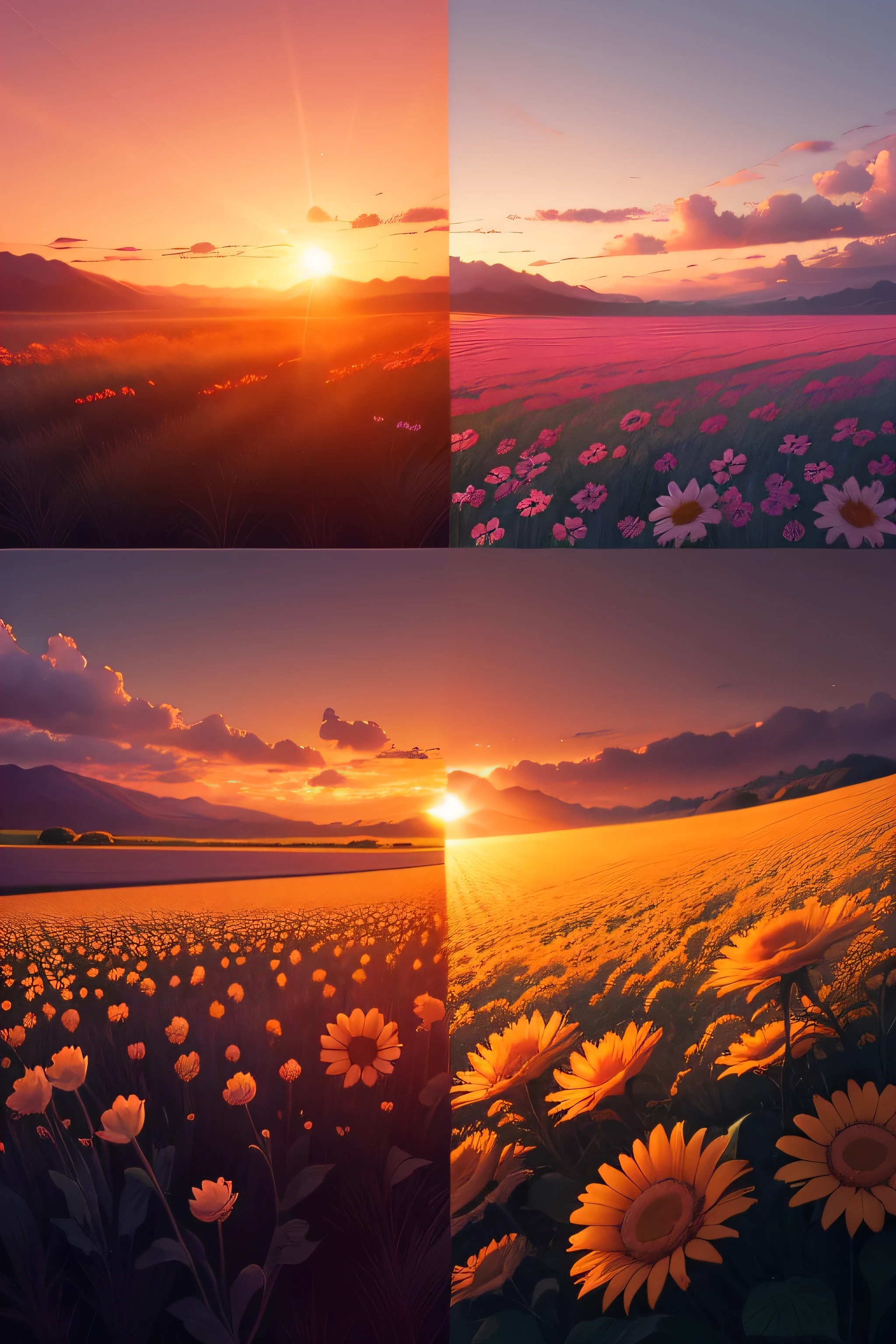 Create an image for a relaxing daily book cover with a theme of sunset over a field of flowers, somente a paisagem, sem pessoas ou diarios