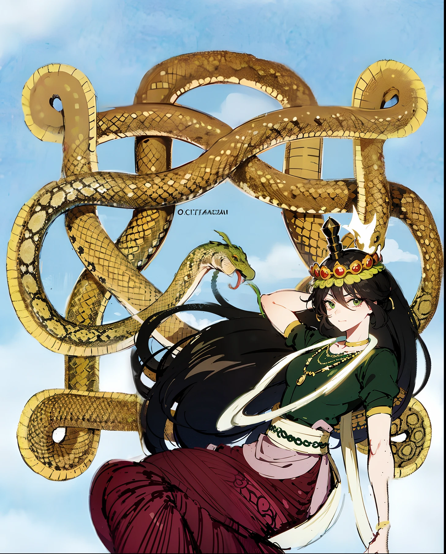 a cartoon of a woman in a green dress and a hat, her many snakes as hair, queen of snakes, with snakes for hair, inspired by Tawaraya Sōtatsu, snake woman, inspired by Du Qiong, inspired by Koryusai Isoda, korean art nouveau anime, snakes in hair, dark queen of snakes