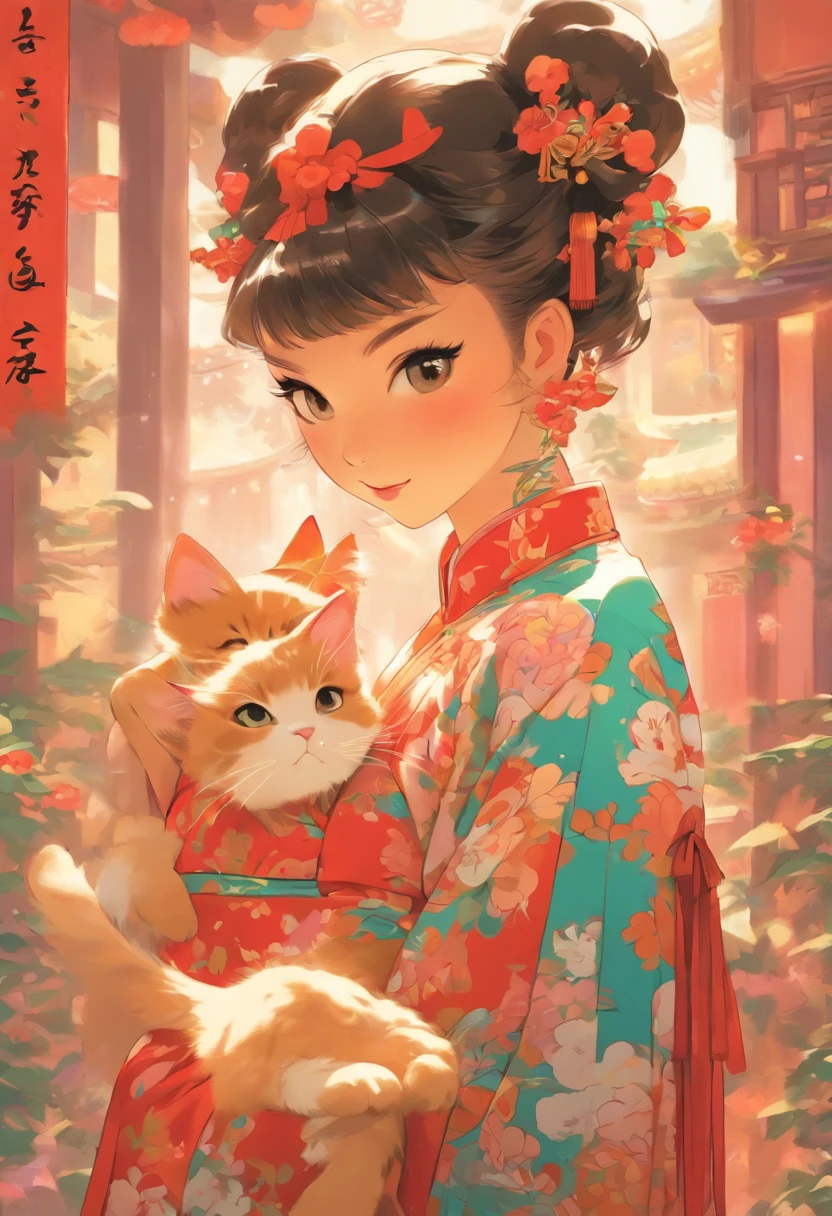 comic strip,on cheongsam,Lady,Cat cat,Kizi