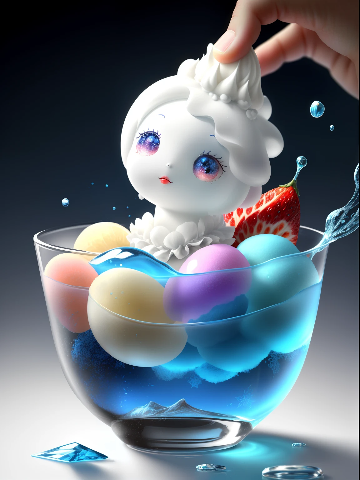 1 fairytale ice cream,the fruits,ice cubes,Splashing water,with blue sky and white clouds,((Need)), ((tmasterpiece)), (A detailed),ultra-detailliert,extremely detailed and beautiful, Surrealist art fantasy style,Delicate pattern,Clean colors, Soft lighting, ( Bokeh),Epic composition, Highest quality, 4K,