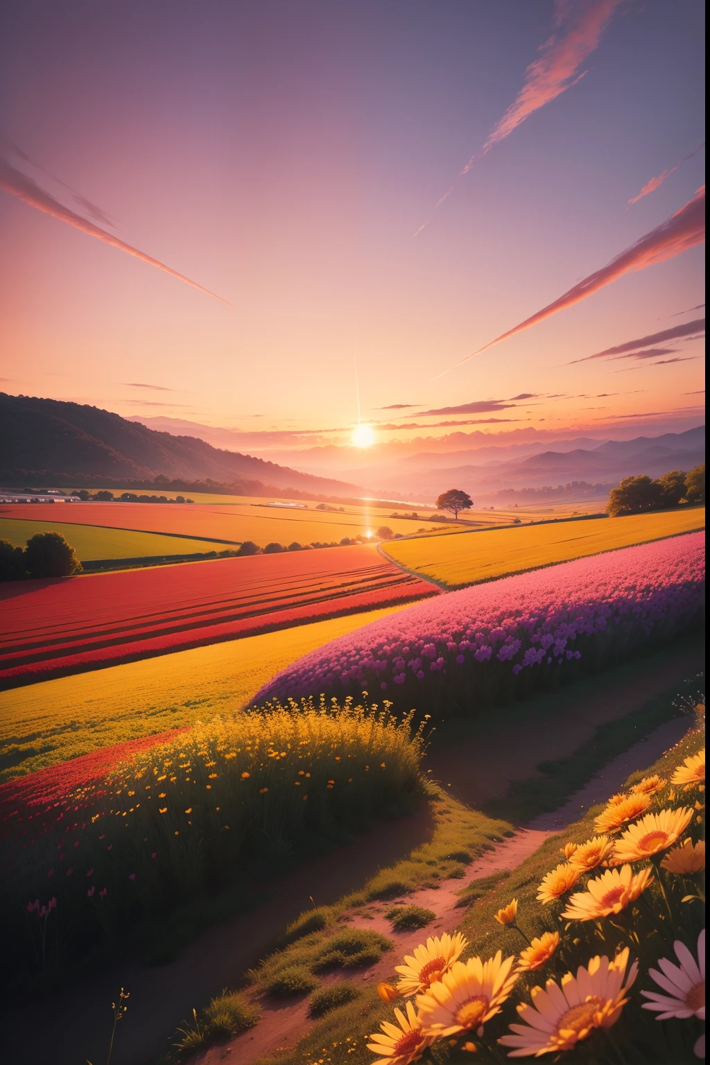 Crie uma imagem para a capa de um livro, with a theme of sunset over a field of flowers, somente a paisagem, sem pessoas ou diario, qualidade 8k, hiper realista