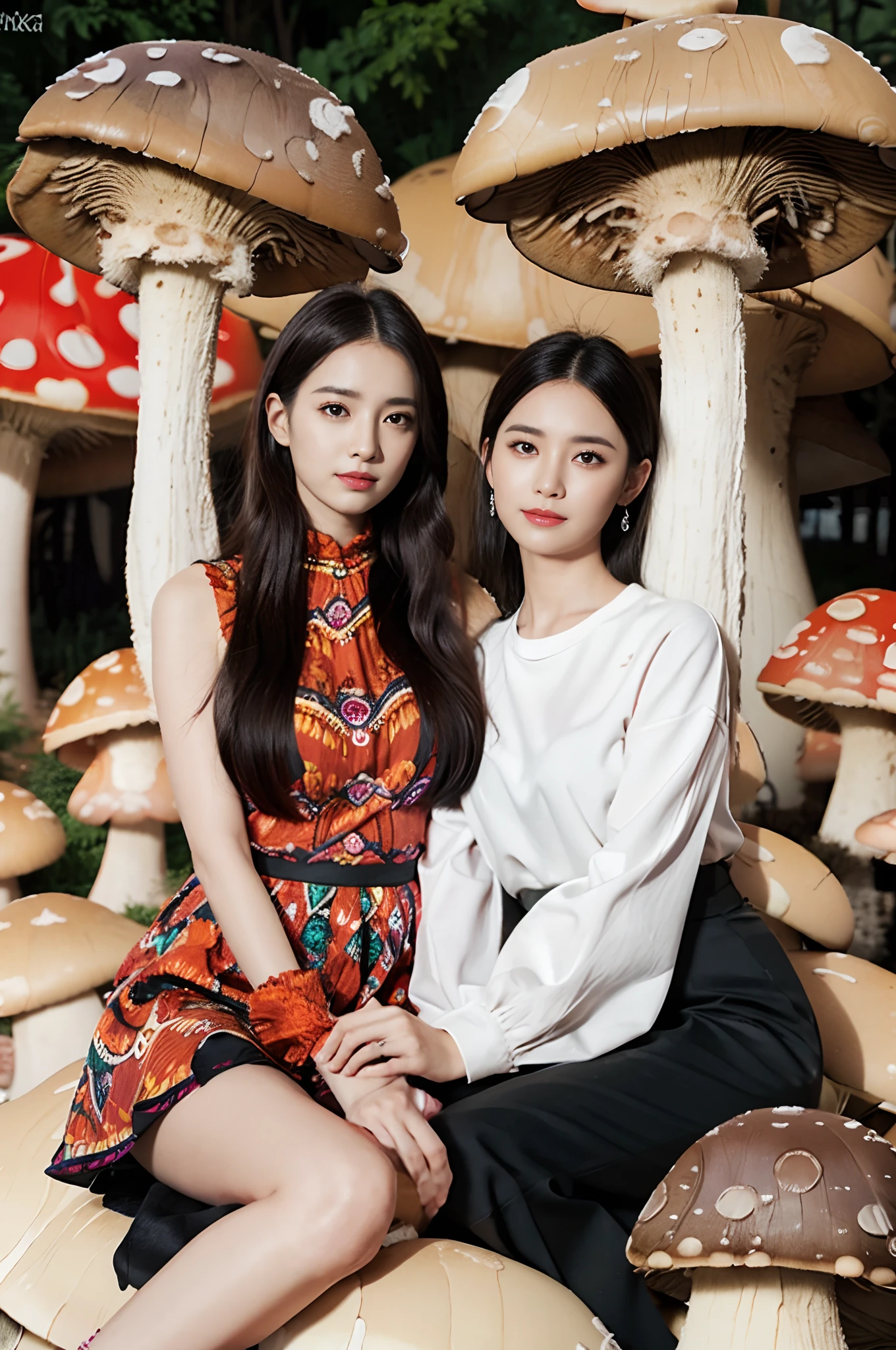 Smiling,Face focus,(alebrijes art style), a couple of lesbians sitting together on a (giant mushroom:1.4),fantastical world,fantasy,vivid color,lewd,leering:1.3,Masterpiece, Best quality, intricately details, absurderes,,(ulzzang-6500-v1.1,pureeroface_v1,octane rendering)