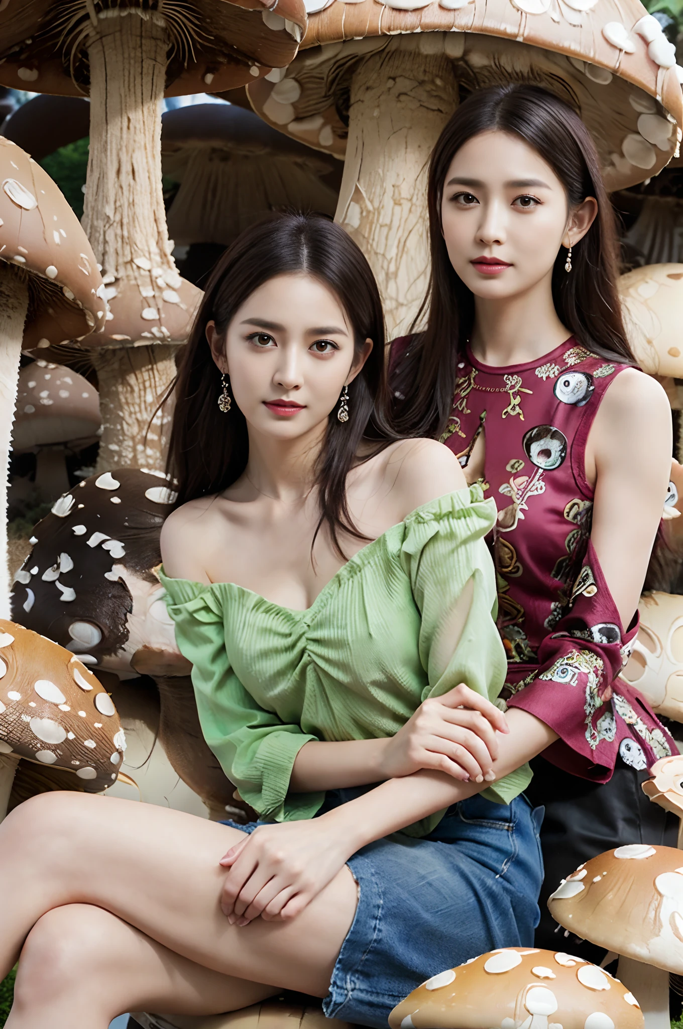 Smiling,Face focus,(alebrijes art style), a couple of lesbians sitting together on a (giant mushroom:1.4),fantastical world,fantasy,vivid color,lewd,leering:1.3,Masterpiece, Best quality, intricately details, absurderes,,(ulzzang-6500-v1.1,pureeroface_v1,octane rendering)