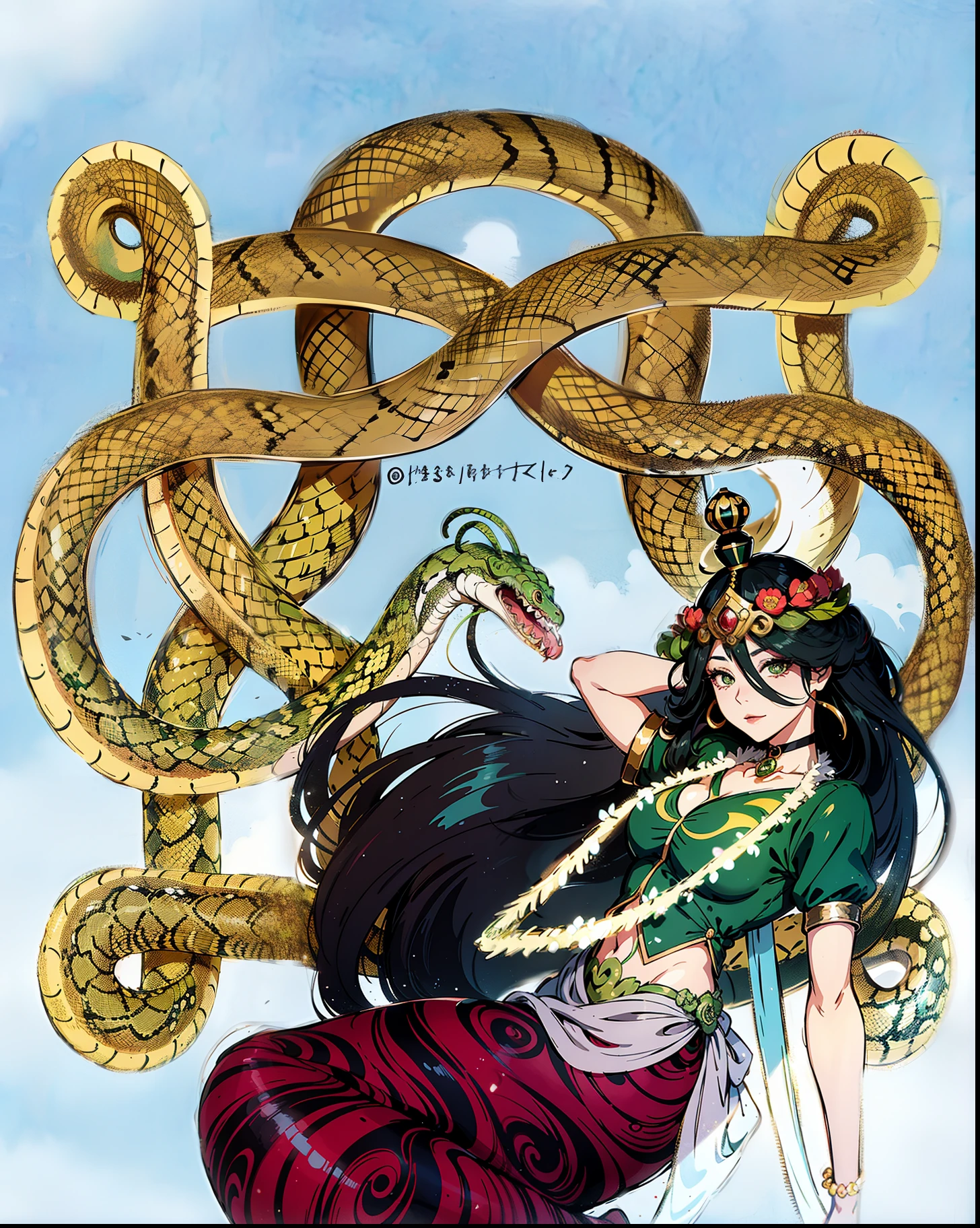 a cartoon of a woman in a green dress and a hat, her many snakes as hair, queen of snakes, with snakes for hair, inspired by Tawaraya Sōtatsu, snake woman, inspired by Du Qiong, inspired by Koryusai Isoda, korean art nouveau anime, snakes in hair, dark queen of snakes