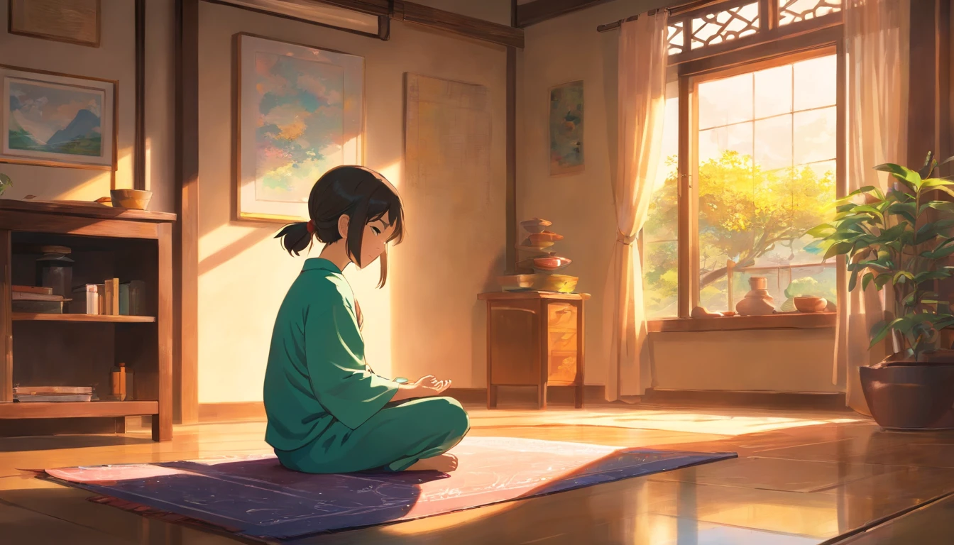 a meditating in their room with the window open,traditional painting,cozy atmosphere,soft sunlight streaming through the window,peaceful ambiance,captivating expression,carefully drawn facial features,natural lighting,serene environment,detailed and lifelike eyes,tranquil mood,golden hour lighting,soft colors,gentle shadows,subtle brushstrokes,comfortable and inviting space,vivid imagination,nurturing environment,perfectly composed scene,serenity through meditation,emotionally captivating art,harmony between light and shadow,captivating sense of calm,artistic representation of mindfulness,meditation as an inward journey,wise beyond their years,painting depicting mindfulness and introspection,quiet contemplation,serene visual narrative,inviting aura,curiosity and wonder,evoking a sense of tranquility,peaceful haven,medium: oil painting,(best quality, 4k, highres, masterpiece:1.2),ultra-detailed,studio lighting,realistic,photo-realistic:1.37,vivid colors,subdued palette