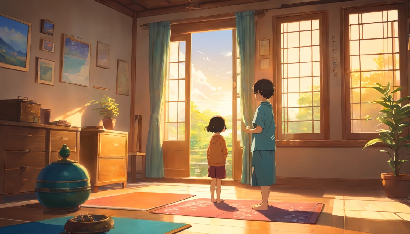Illustration, Anime Style, Ghibli-style colors, 日本のIllustrationスタイル, Baby standing up in the living room