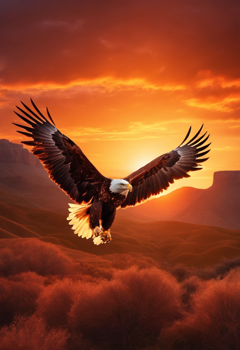 (extremamente detalhado CG unidade 8k papel de parede, master part, best quality), stunning sunset, majestic eagle flying over the horizon.