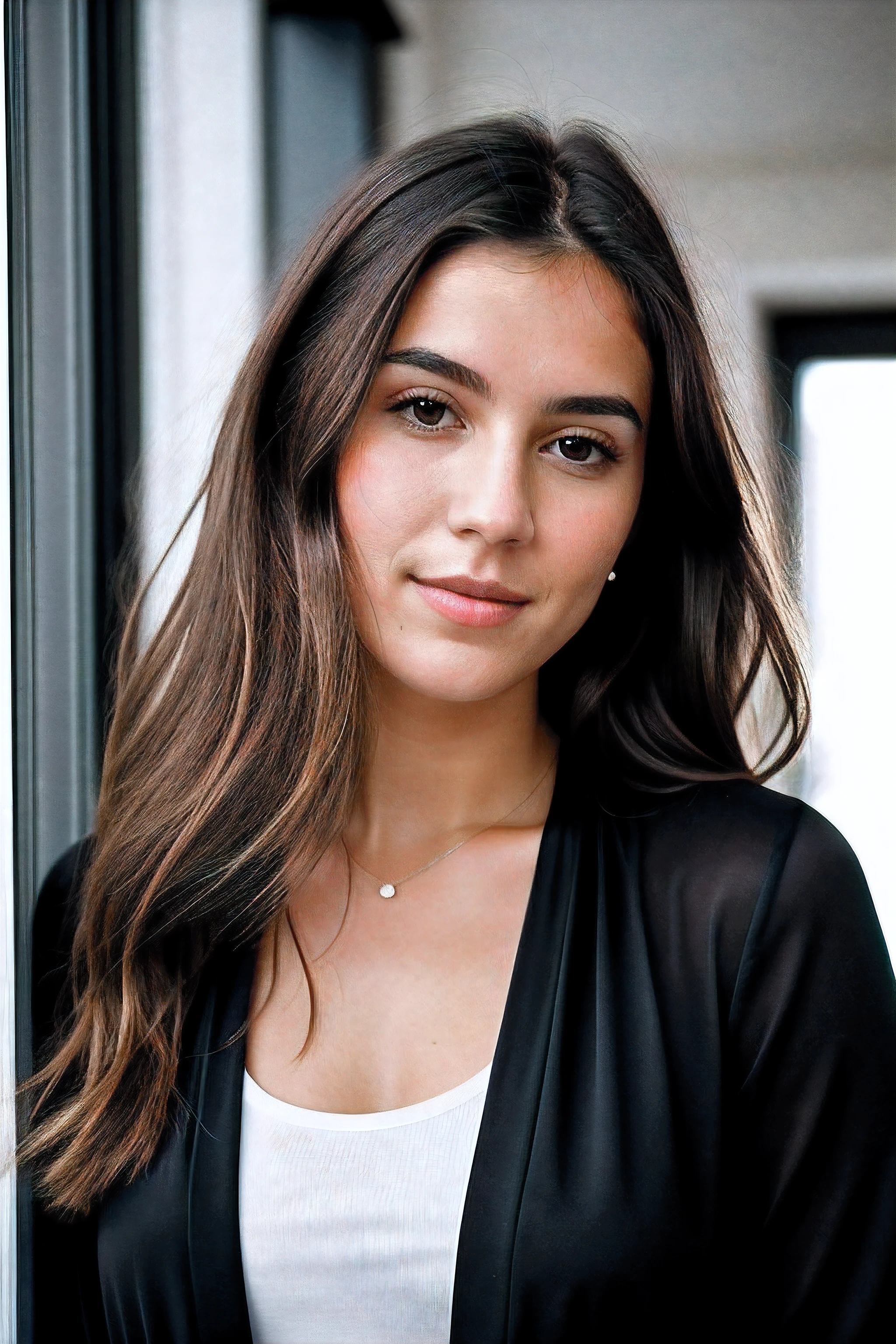 full resolution, highly detailed skin, detailed hair, dslr, sharp focus, high definition, high quality photography, intricate, realistic woman with chin length dark wavy hair, mediterranean look, middle eastern look, natural beauty, healthy, boho, creative, artist, wearing a plain t-shirt, curvy figure, small .