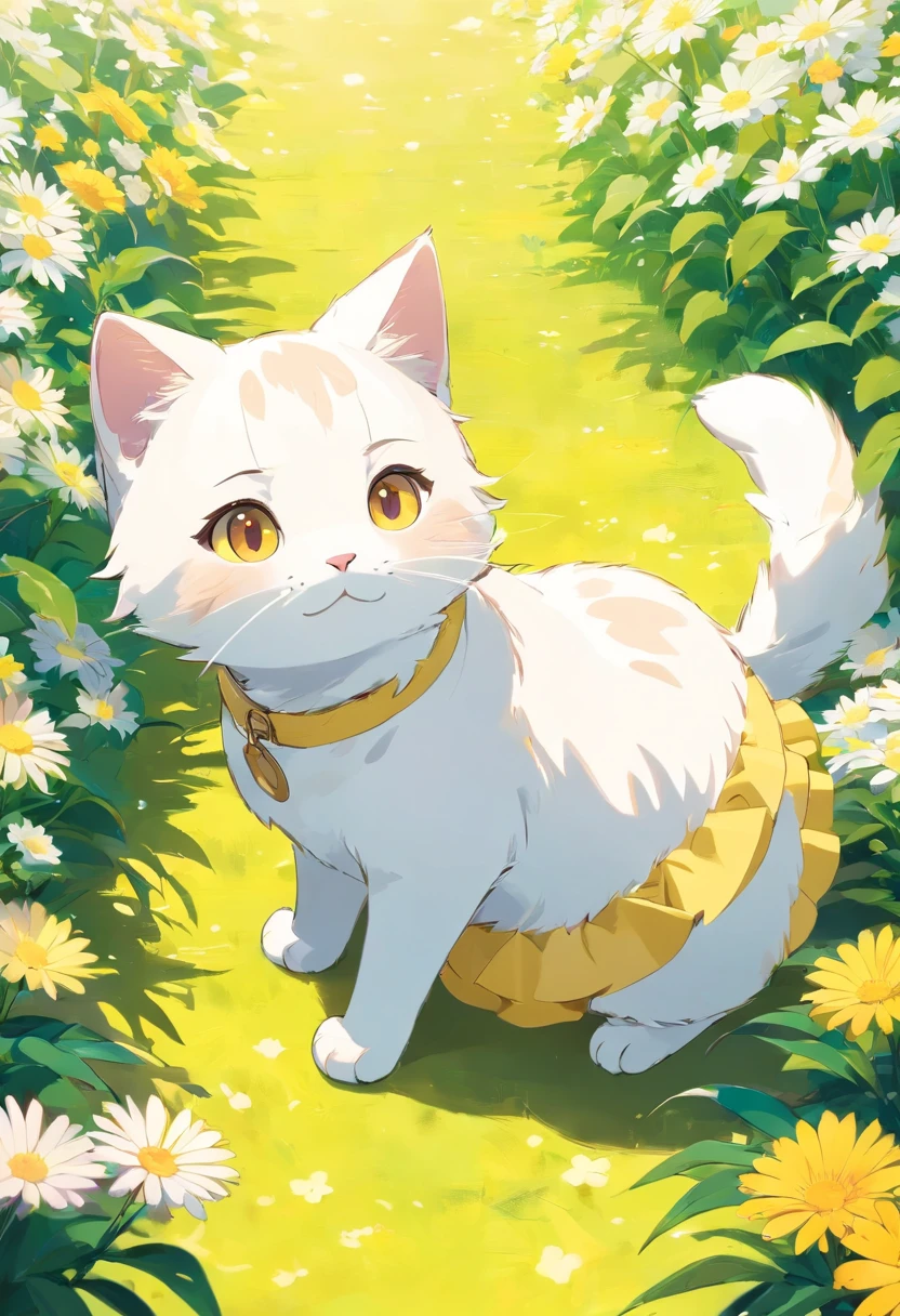 a white cute cat surrounded by flowers and wearing a yellow dress