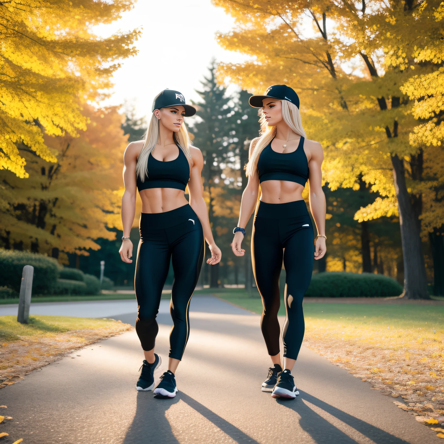 twin fit girls, 25 years old, blonde hair, white baseball cap, black crop top, black leggings, posing together, in a park, strong pose, looking on each other, fit girl, fit woman, toned body, fit physique, fitness model, very feminine, defined abs, perfect female body, perfect skin, (an extremely beautiful), (masterpiece), (best quality:1.0), (ultra highres:1.0), autumn colors, golden hour, perfect lightning, realistic shadows, [highres], ultra-detailed, nikon d850, film stock photograph, 4 kodak portra 400 ,camera f1.6 lens, rich colors, hyper realistic, lifelike texture, cinestill 800