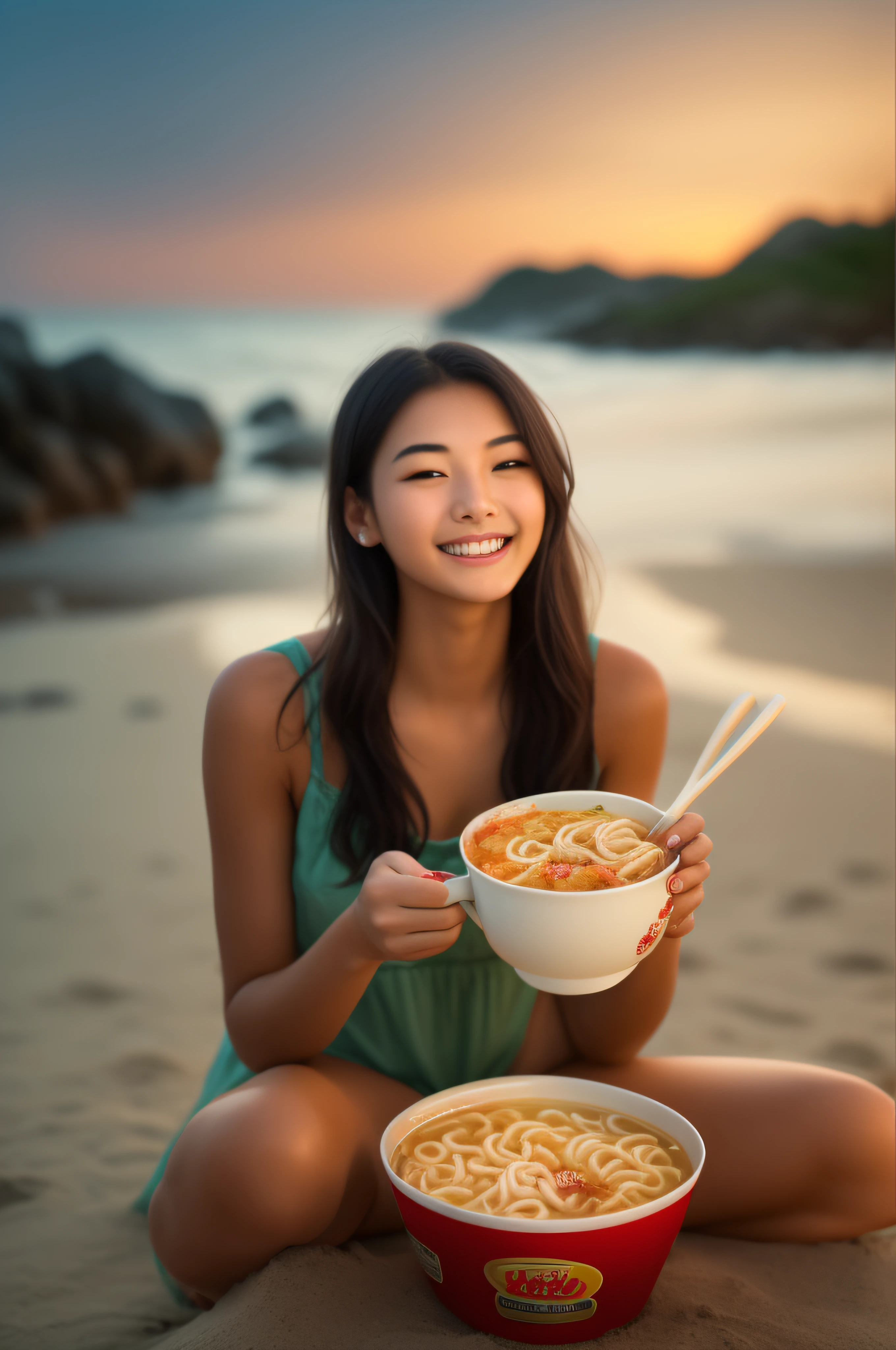 Create a captivating image featuring a beautiful 20-year-old model savoring a cup of noodles with an irresistible in the evening beach, joyful expression. Her radiant smile should convey sheer delight, as she relishes every flavorful bite of the noodles, making it evident that [Product Name] is a delectable culinary experience worth savoring