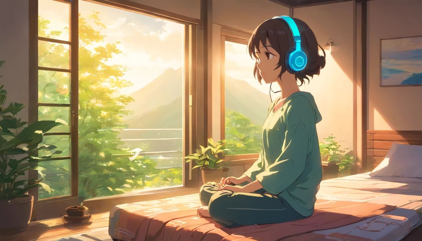 girl with headphones, meditating, open window, bedroom, peaceful ambiance, soft sunlight, cozy atmosphere, relaxing music, serene expression, closed eyes, comfortable seating, wooden floor, floral curtains, green plants, natural breeze, calming vibes, gentle rays of light, tranquil setting, stillness, harmony, inner peace, deep relaxation, soothing colors, positive energy, mindfulness, solitude, introspection, inner journey, serenity, escape from the outside world