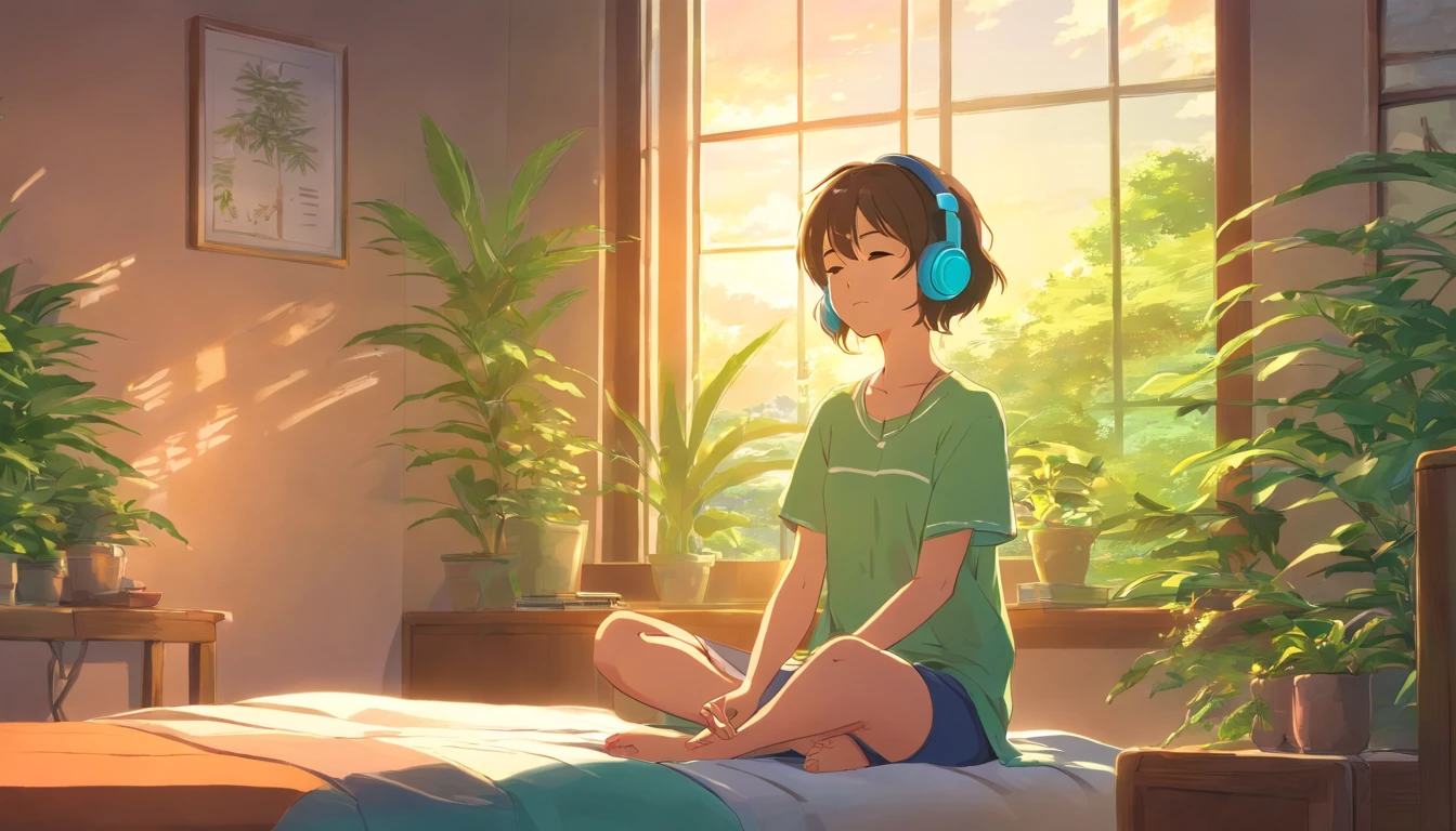Menina anime sentada na cama com fones de ouvido e olhos fechados, menina lofi, Elogio Artstyle, Retrato Lofi, atmosfera relaxante, Arte Lofi, Makoto Shinkai Estilo de Arte, arte conceitual relaxante, ambiente relaxante, Estilo Makoto Shinkai, anime. soft lighting, lofi vibrations, anime vibes, Lofi Sensation, vibe lofi, cores lofi