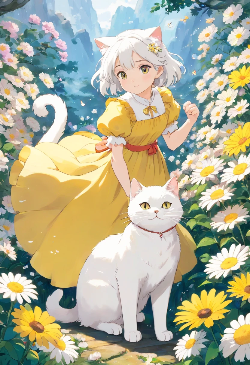 a white cute cat surrounded by flowers and wearing a yellow dress