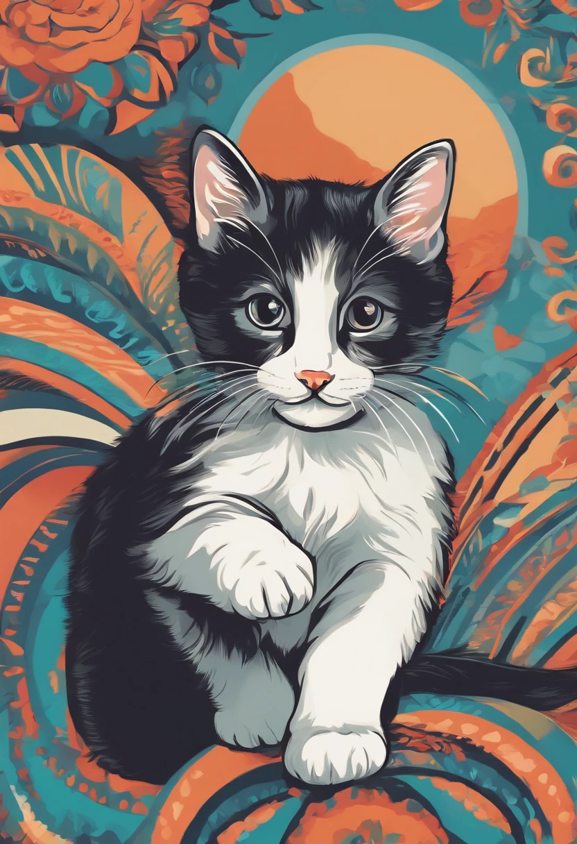 Close up of running kitten on colorful background, Digital Kitten, highly detailed Vector art, jen bartel, Impressive art style, Vector Art Style, adobe illustrator art, art of alessandro pautasso, HD Vector Art, horse, Multicolor vector art, full color illustration, Beautiful UHD 4K Art, Vivid high-contrast coloring, cute kittens