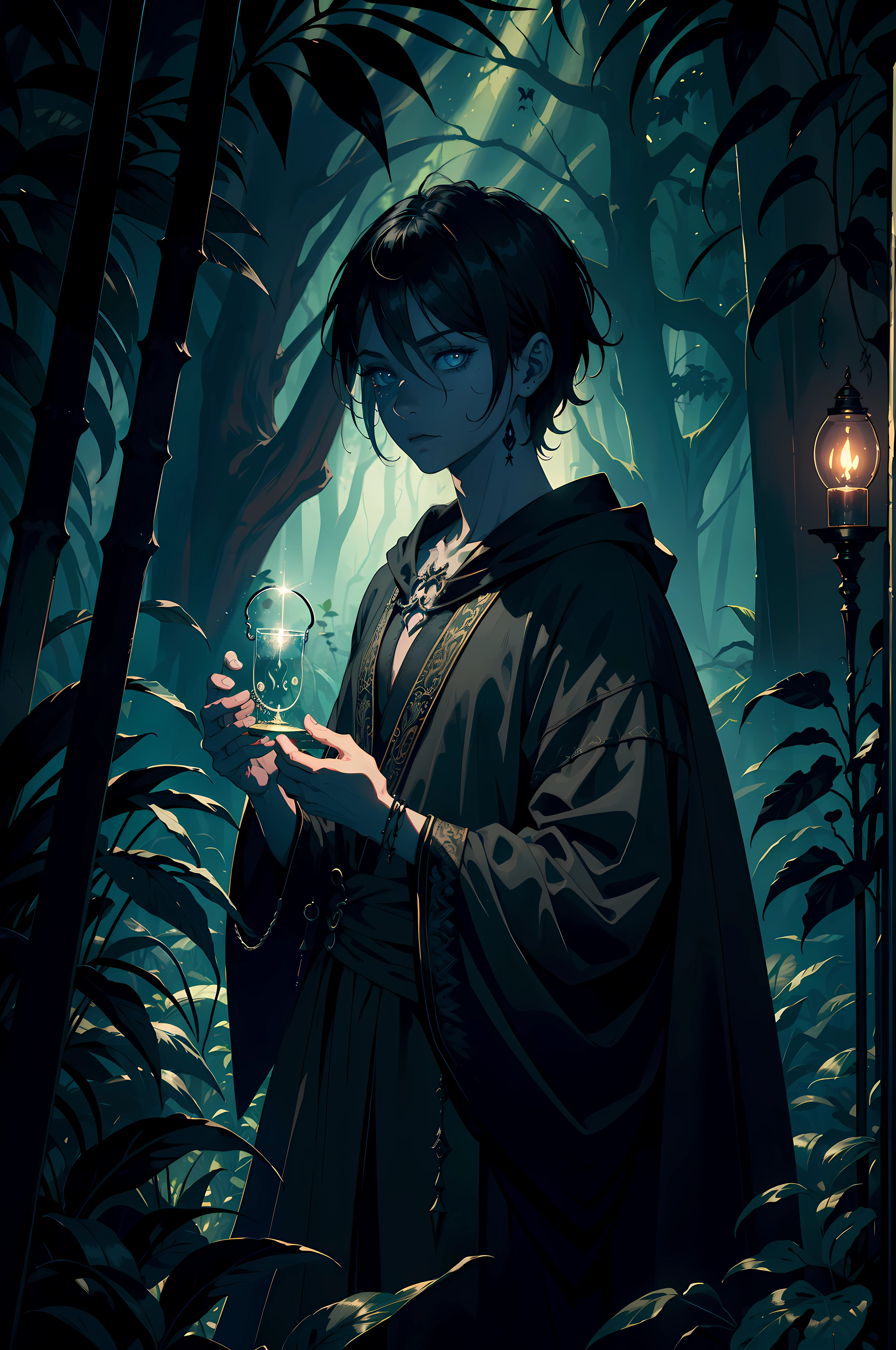 (brazilian,necromancer:1.1,boy,2girls) in a (lush,vibrant,tropical) garden,(dark magic,spooky atmosphere) creates a (sinister,mysterious) vibe. The boy has (intense,dark) eyes that seem to glow with (supernatural,powerful) energy. His beautiful detailed lips are slightly open, as if casting an enchantment. He wears a (stylish,black) robe adorned with (intricate,occult) symbols, reflecting his mastery of dark magic. The garden is filled with (exotic,unusual) plants and flowers, adding to the mystical ambiance. The (sunlight,moonlight) shines through the dense foliage, casting eerie shadows. The scene is bathed in (best quality,highres) colors, with a (mysterious,dramatic) color tone dominating the atmosphere. The (sharp focus,ultra-detailed) rendering captures every (creepy,fascinating) detail, from the boy's long eyelashes to the delicate veins on the leaves. The (horror,fantasy) art style adds a sense of (dread,excitement) and immerses the viewer in a world of magic and adventure.