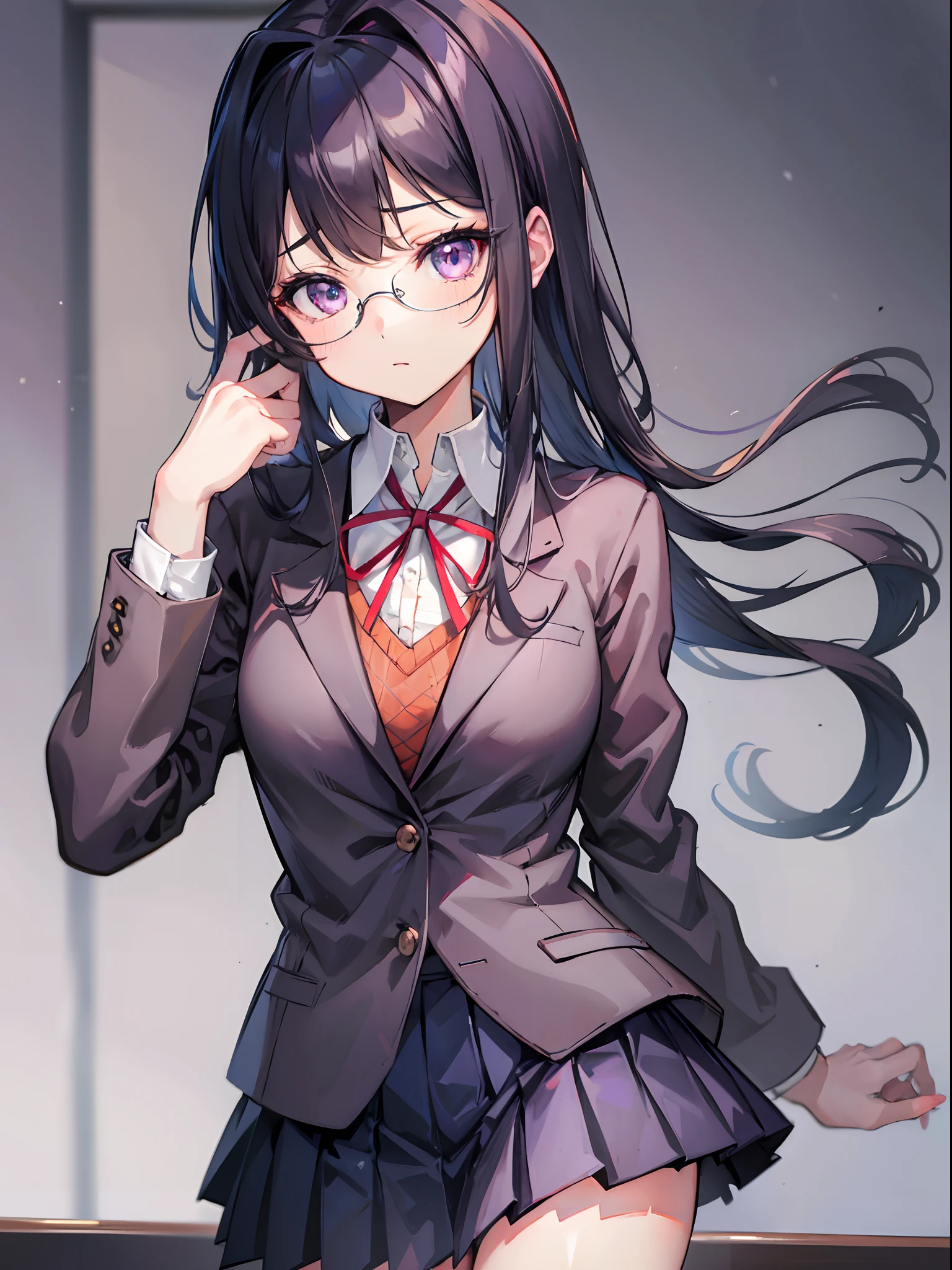 1girl, long black hair, light purple eyes, wearing the standard issue female school uniform consisting of a warm gray blazer fully buttoned and untucked, brown sweater vest, white shirt fully buttoned and tucked, red ribbon, dark blue pleated skirt, black thigh-high socks and white uwabaki slippers with pink tips, glasses, classroom, absurdres, high res, ultrasharp, 8k masterpiece, looking at viewer