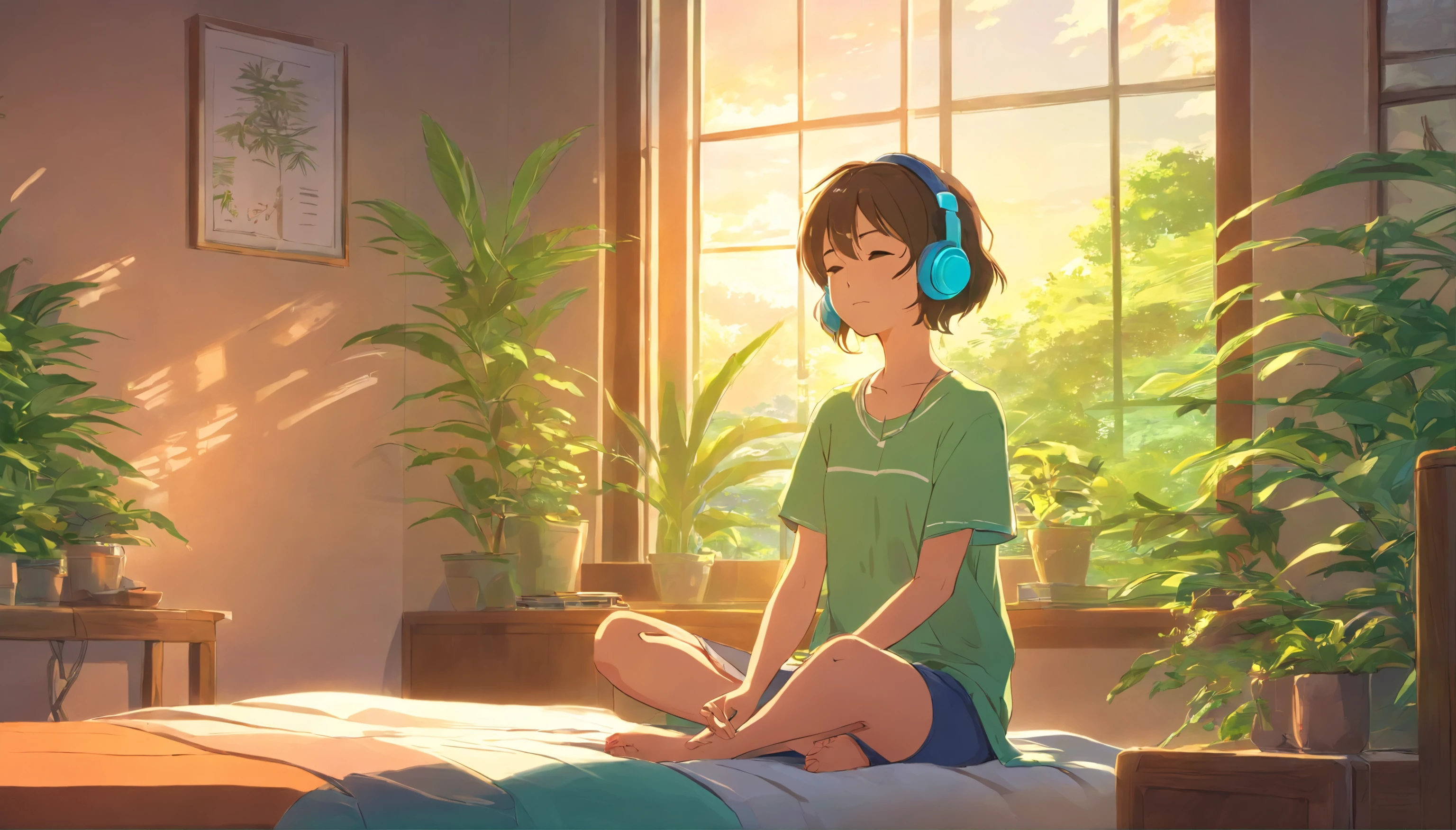 girl with headphones, meditating, open window, bedroom, peaceful ambiance, soft sunlight, cozy atmosphere, relaxing music, serene expression, closed eyes, comfortable seating, wooden floor, floral curtains, green plants, natural breeze, calming vibes, gentle rays of light, tranquil setting, stillness, harmony, inner peace, deep relaxation, soothing colors, positive energy, mindfulness, solitude, introspection, inner journey, serenity, escape from the outside world