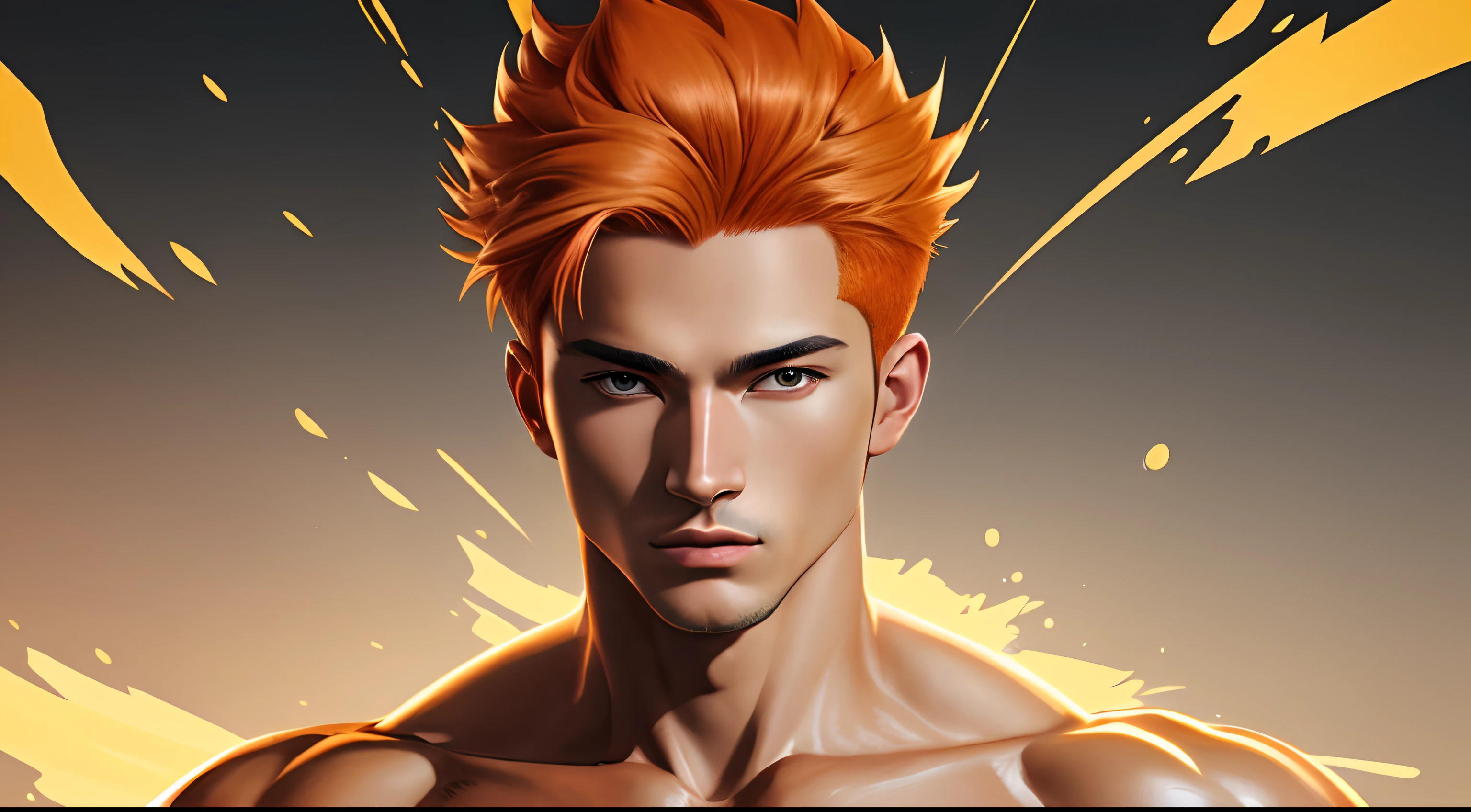 "Cheerful Fubuki 20 years old is a real masterpiece with masculine beauty, perfect anatomy. Olpntng style, colorful rainbow, golden samurai outfit, clean design, epic Instagram, artstation, full streaks of paint, circles, contours. When you look at him Beautiful eyes you will clearly see every small detail and perfect line, every detail on the skin is beautiful in 8K quality everyone. We will be captivated by the confidence radiating from every look. His head has orange hair and his face is meticulously drawn in every detail with 8K image quality."