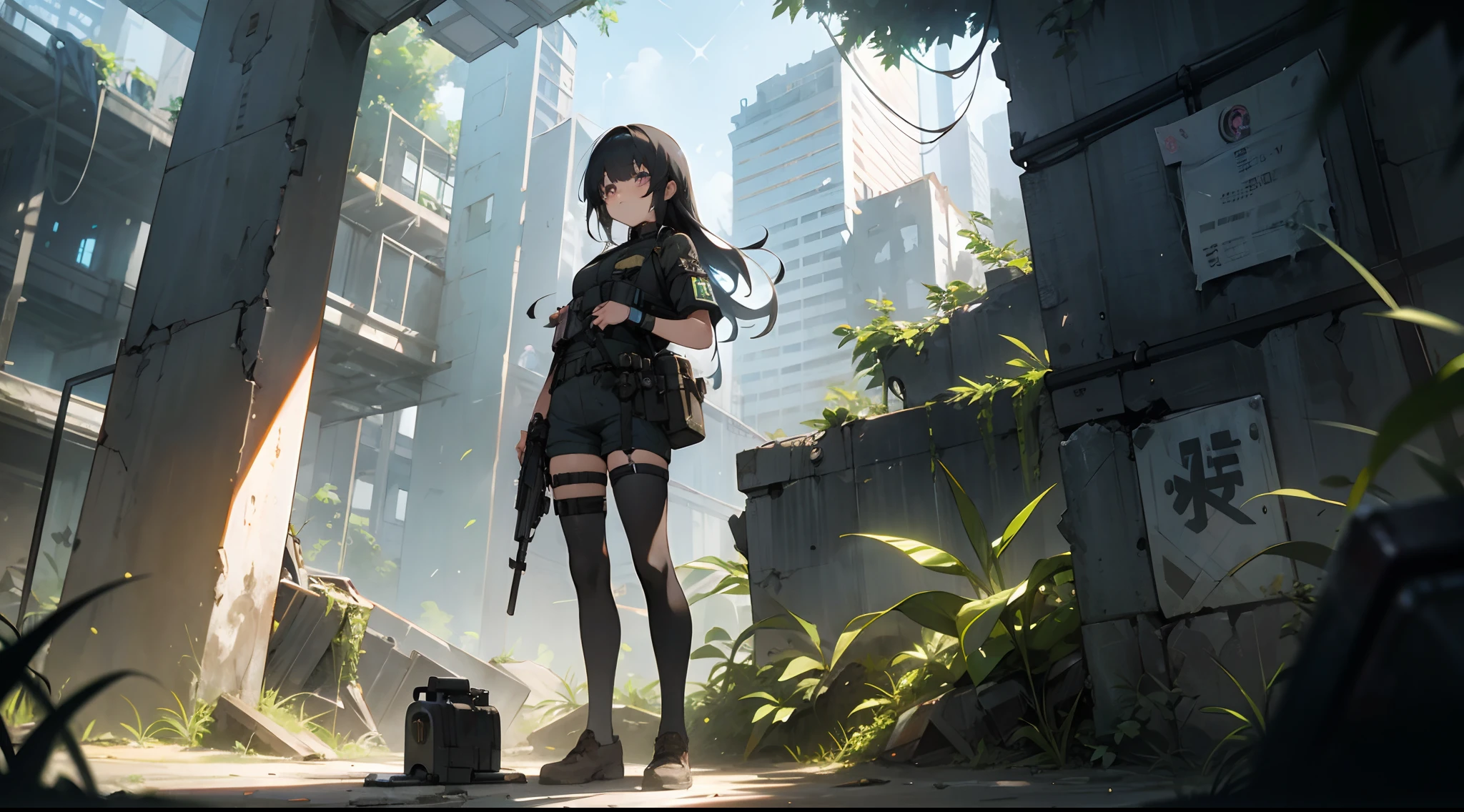 anime girl in overgrown city ruins, warzone, full body, short pants, black bullet proof vest, gas mask not covering face, armband, submachine gun, long black hair with blue tint, fringe, blue sparkly eyes, strong warm light, vegetation, depth of field, atmospheric light, dusty air, post apo,