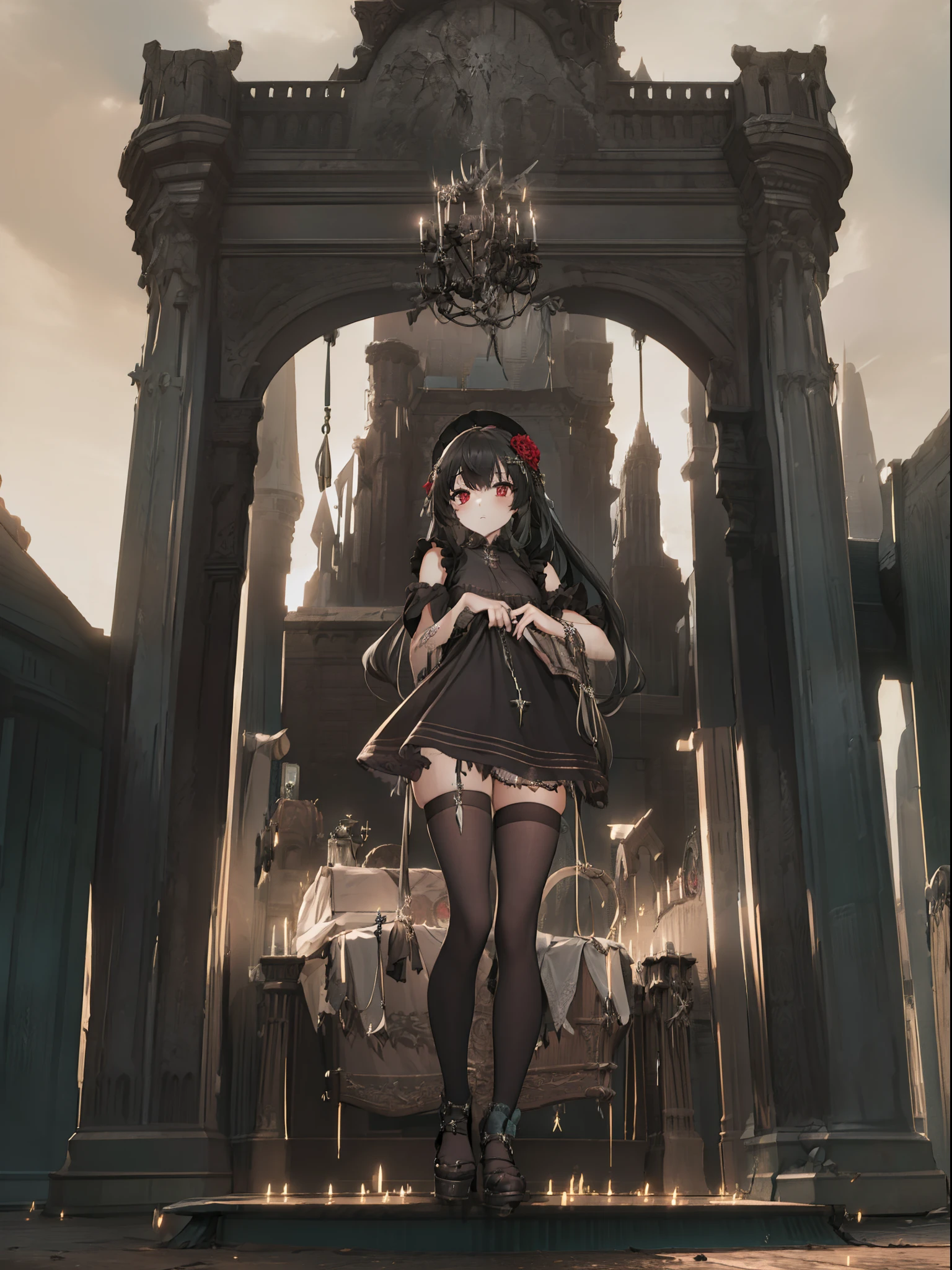 1 , black long hair, red eyes, standing, gothic style, graveyard, red dress, gothic dress, night, carrying coffin, high res, ultrasharp, 8K, masterpiece, looking at tombstone