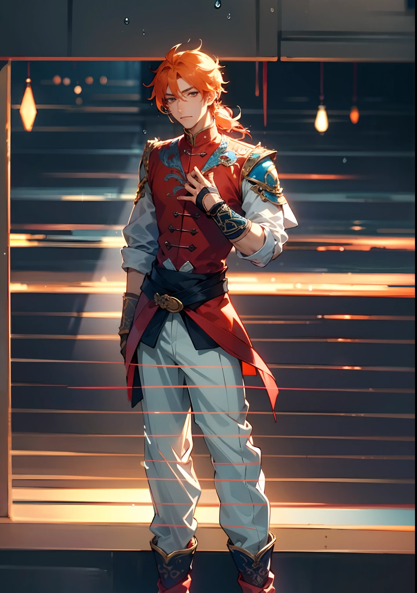 A young man with bright orange hair, clear and bright eyes, a delicate face, an innocent expression, wears a two-piece fantasy-style outfit in red and blue, a simple yet elegant design, the outfit featuring intricate twisted patterns, matching pants and boots, wears gloves that also serve as wrist guards, the scene is filled with flying water droplets and mist, water droplets, mystical atmosphere, this character embodies a finely crafted fantasy-style Chinese martial hero design in anime style, characterized by a sophisticated and mature manga illustration art style, full body character drawing, high definition, best quality, highres, ultra-detailed, ultra-fine painting, extremely delicate, professional, anatomically correct, symmetrical face, extremely detailed eyes and face, high quality eyes, creativity, RAW photo, UHD, 8k, Natural light, cinematic lighting, masterpiece:1.5