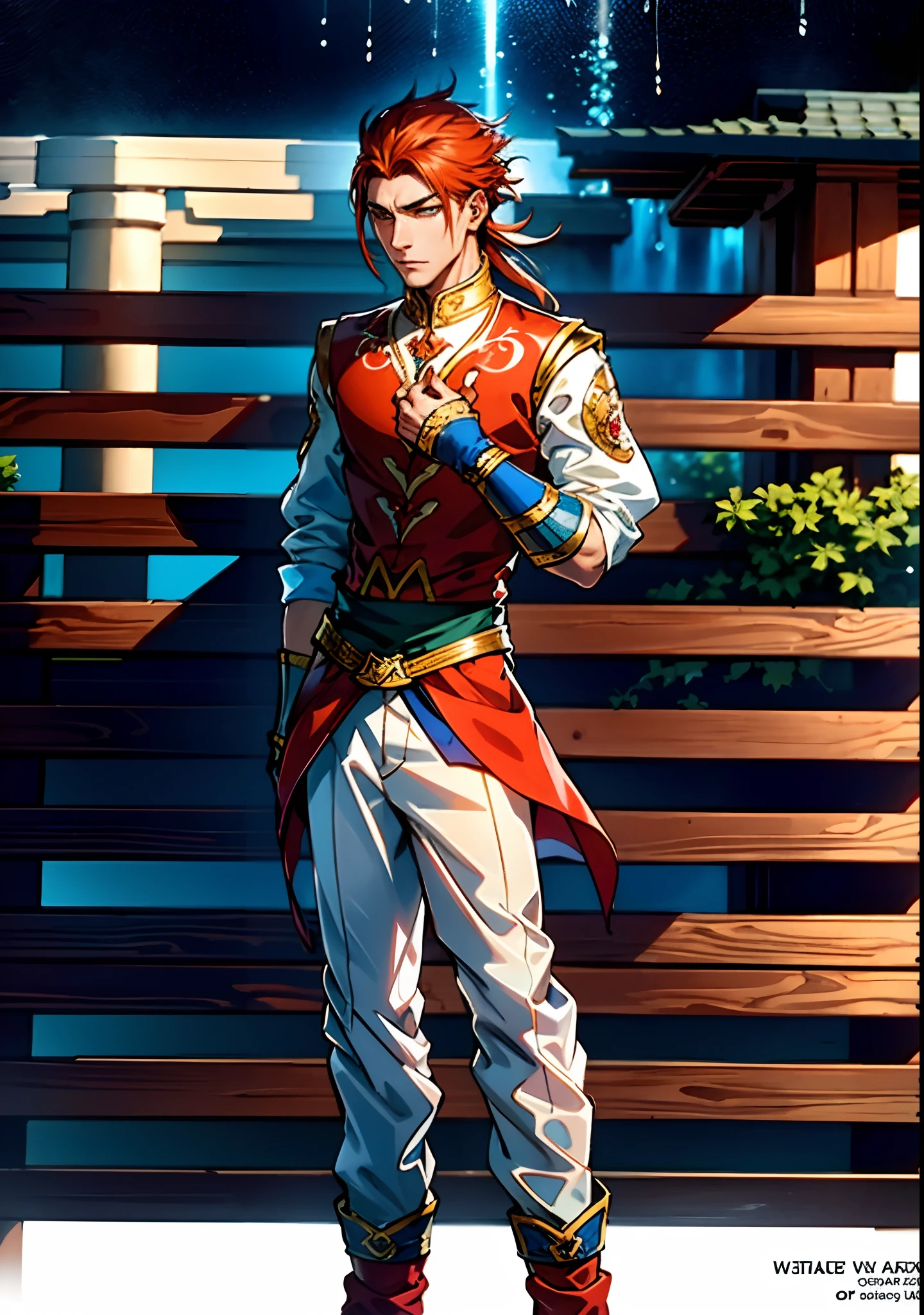 A young man with bright orange hair, clear and bright eyes, a delicate face, an innocent expression, wears a two-piece fantasy-style outfit in red and blue, a simple yet elegant design, the outfit featuring intricate twisted patterns, matching pants and boots, wears gloves that also serve as wrist guards, the scene is filled with flying water droplets and mist, water droplets, mystical atmosphere, this character embodies a finely crafted fantasy-style Chinese martial hero design in anime style, characterized by a sophisticated and mature manga illustration art style, full body character drawing, high definition, best quality, highres, ultra-detailed, ultra-fine painting, extremely delicate, professional, anatomically correct, symmetrical face, extremely detailed eyes and face, high quality eyes, creativity, RAW photo, UHD, 8k, Natural light, cinematic lighting, masterpiece:1.5