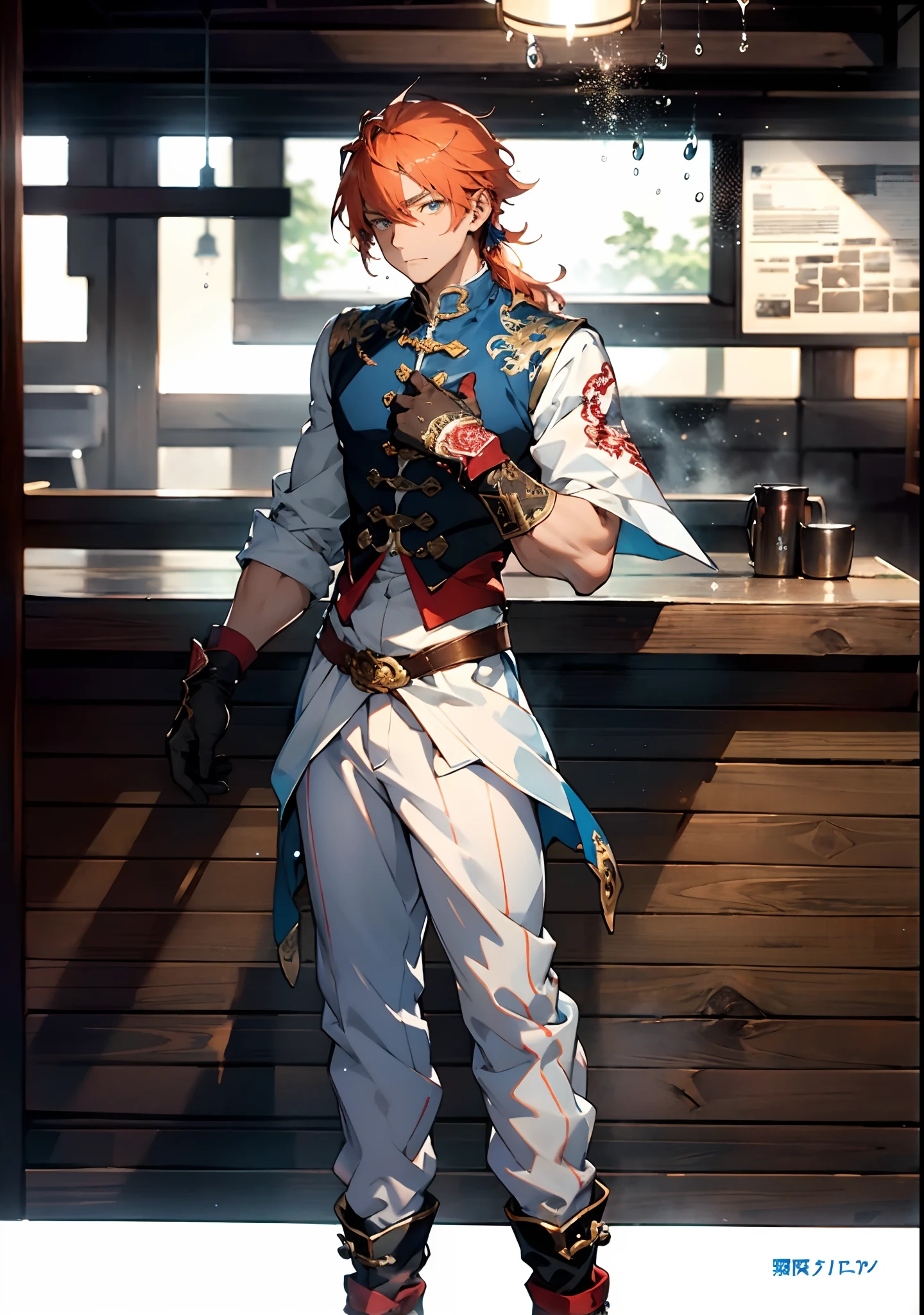 A young man with bright orange hair, clear and bright eyes, a delicate face, an innocent expression, wears a two-piece fantasy-style outfit in red and blue, a simple yet elegant design, the outfit featuring intricate twisted patterns, matching pants and boots, wears gloves that also serve as wrist guards, the scene is filled with flying water droplets and mist, water droplets, mystical atmosphere, this character embodies a finely crafted fantasy-style Chinese martial hero design in anime style, characterized by a sophisticated and mature manga illustration art style, full body character drawing, high definition, best quality, highres, ultra-detailed, ultra-fine painting, extremely delicate, professional, anatomically correct, symmetrical face, extremely detailed eyes and face, high quality eyes, creativity, RAW photo, UHD, 8k, Natural light, cinematic lighting, masterpiece:1.5