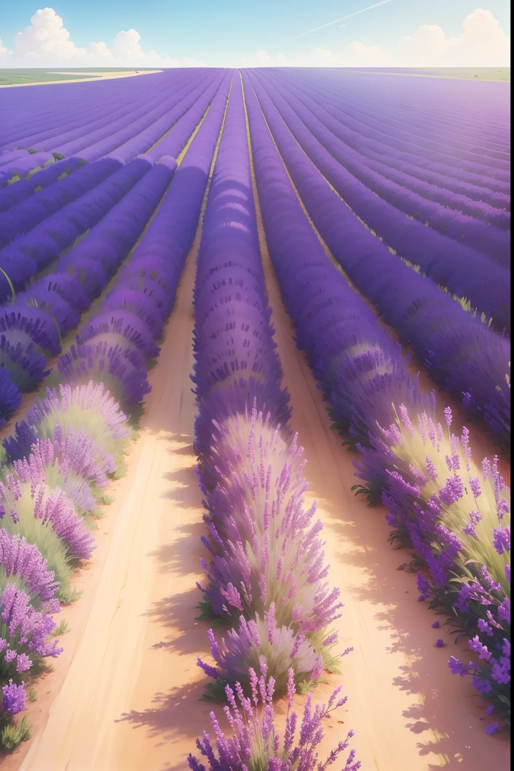create an illustration of A vast lavender field in the middle of summer, colinas ondulantes cobertas de flores roxas, abelhas zumbindo, o aroma doce no ar, a sense of tranquility and harmony with nature, Pintura, oil paint on canvas, --ar 16:9 --v 5