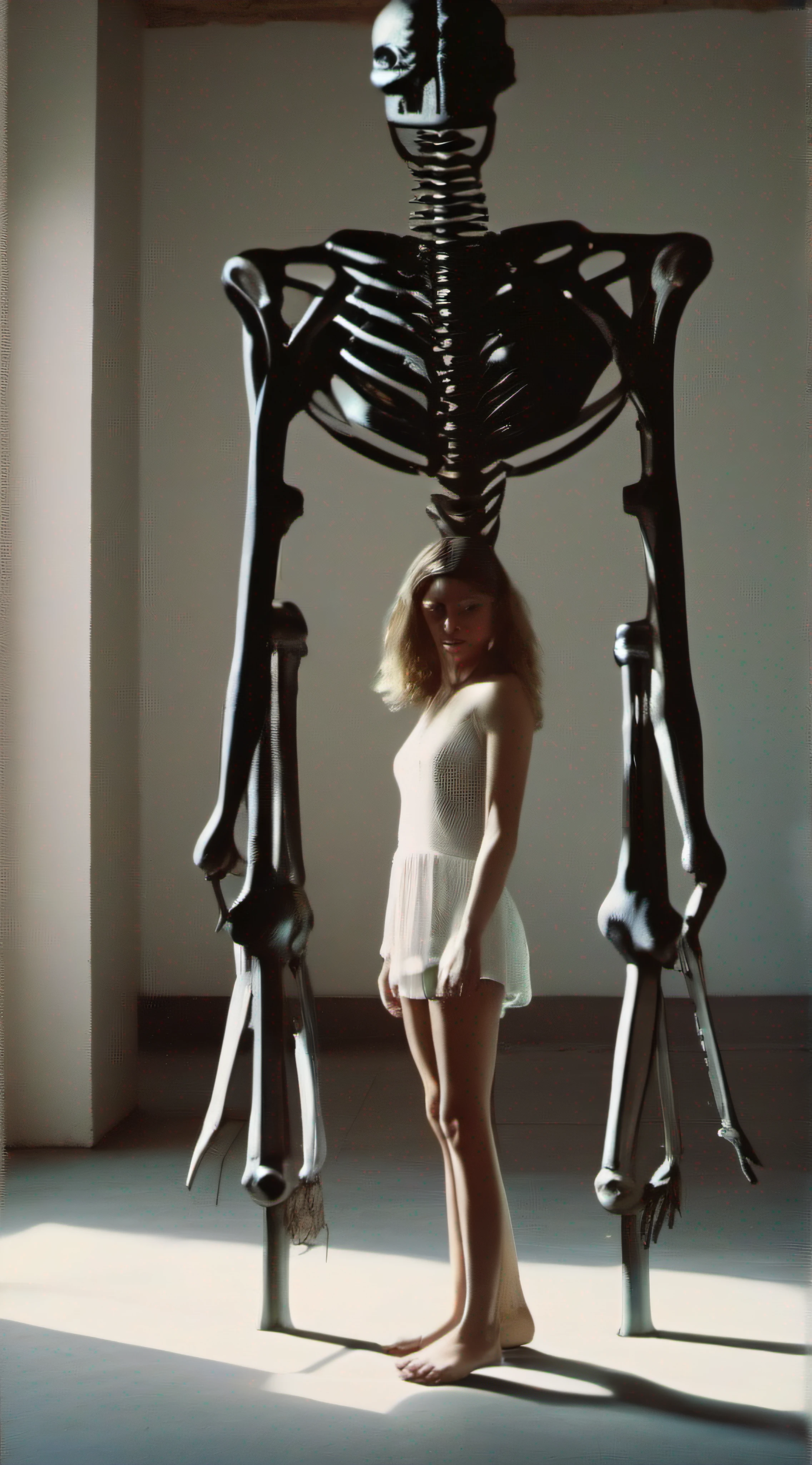"(The best lighting, alto contraste, oscuro, dramatic),(Chica rubia junto a una cabra negra gigante, Open the rib cage, autopsia, caldero con huesos humanos, sangre por las paredes). Luz Caravaggio"