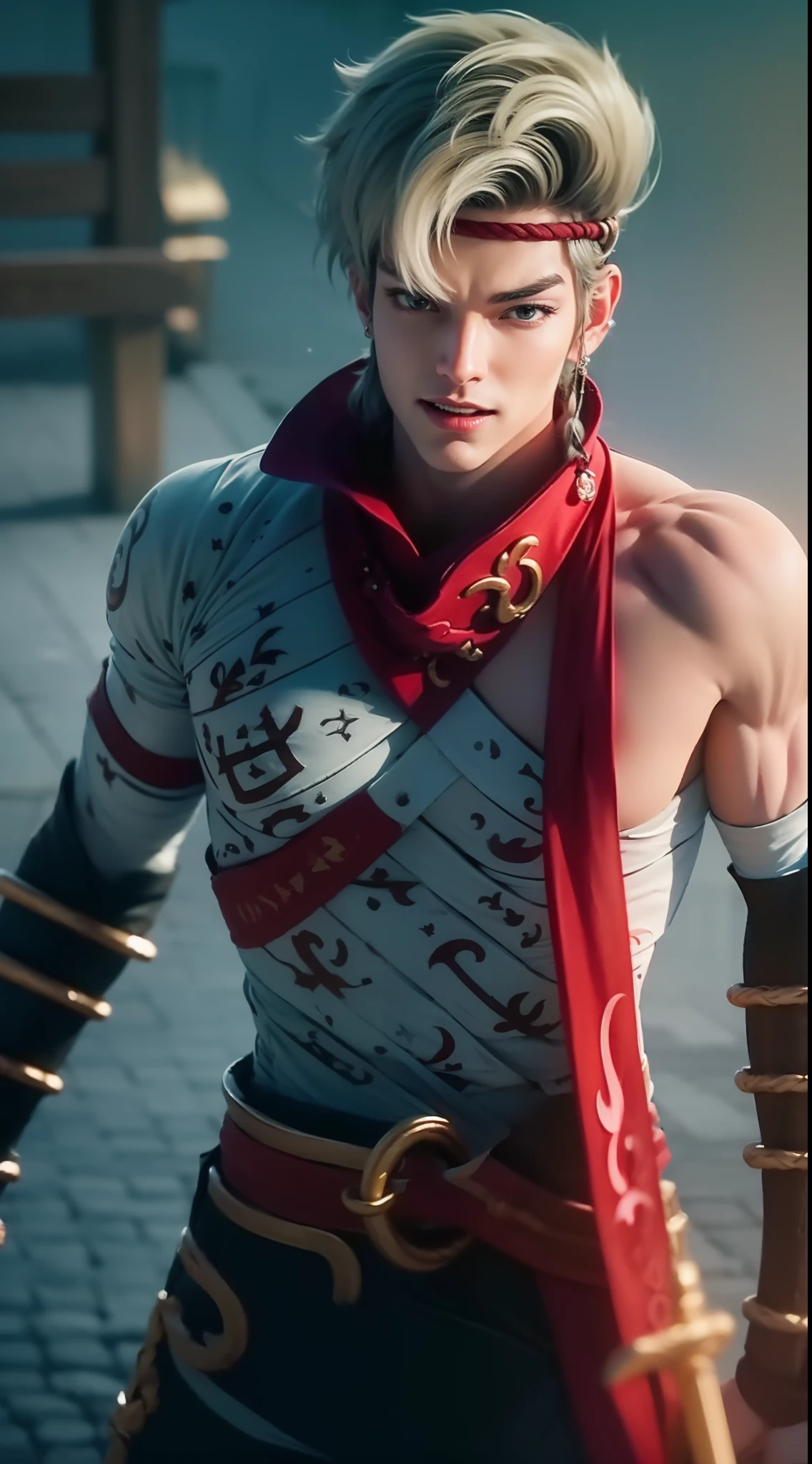 A young man about 20 years old, the guy is a gladiator, The young man is a hero, short colored hair chestnut, behind is a very long ponytail tied in a centipede, handsome and masculine young face, flawless handsome face, brown eyes, black pupils,  On the forehead is wrapped a red belt, around the neck is a red cloth, On pieces of cloth there are ancient characters, extremely toned chest and abdominal muscles, wearing a pair of orange-yellow pants, On each arm of the boy there are 3 large bracelets and those are the boy's weapons, 8k photo, super high quality, super realistic, 10x super pixels, actual photo, dark studio, border light, two-tone lighting color, (high detail skin: 1.2), 8k ultra, soft light, high quality, volumetric light, candid, Photo, high resolution, light, best photo, 4k quality, 8k, bokeh, Smooth and sharp, 10x pixelated, (galaxy: 1.7), aurora, lightning, super graphics, most realistic graphics, 1 boy, alone, solo, Extremely sharp, surreal image, frontal portrait,"