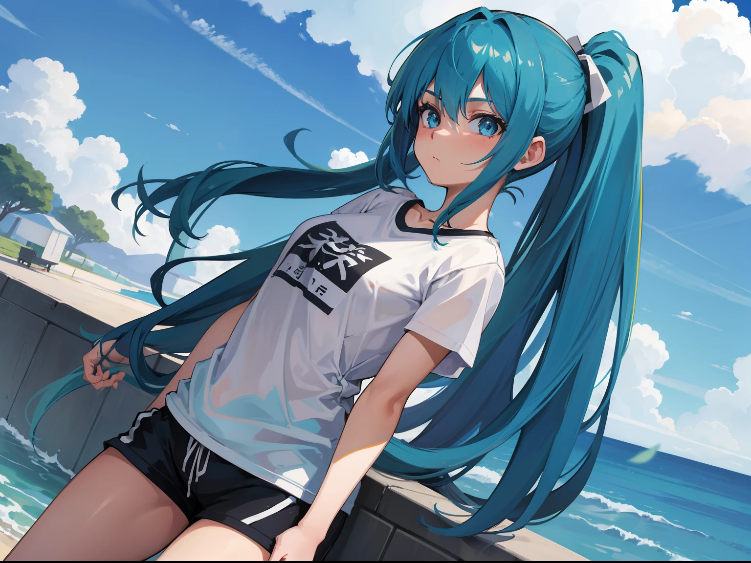 A girl with Aqua Blue Hair, Aqua blue eyes, Long Hair, Single Pony Tail, Wearing a Comfortable Tshirt and Shorts