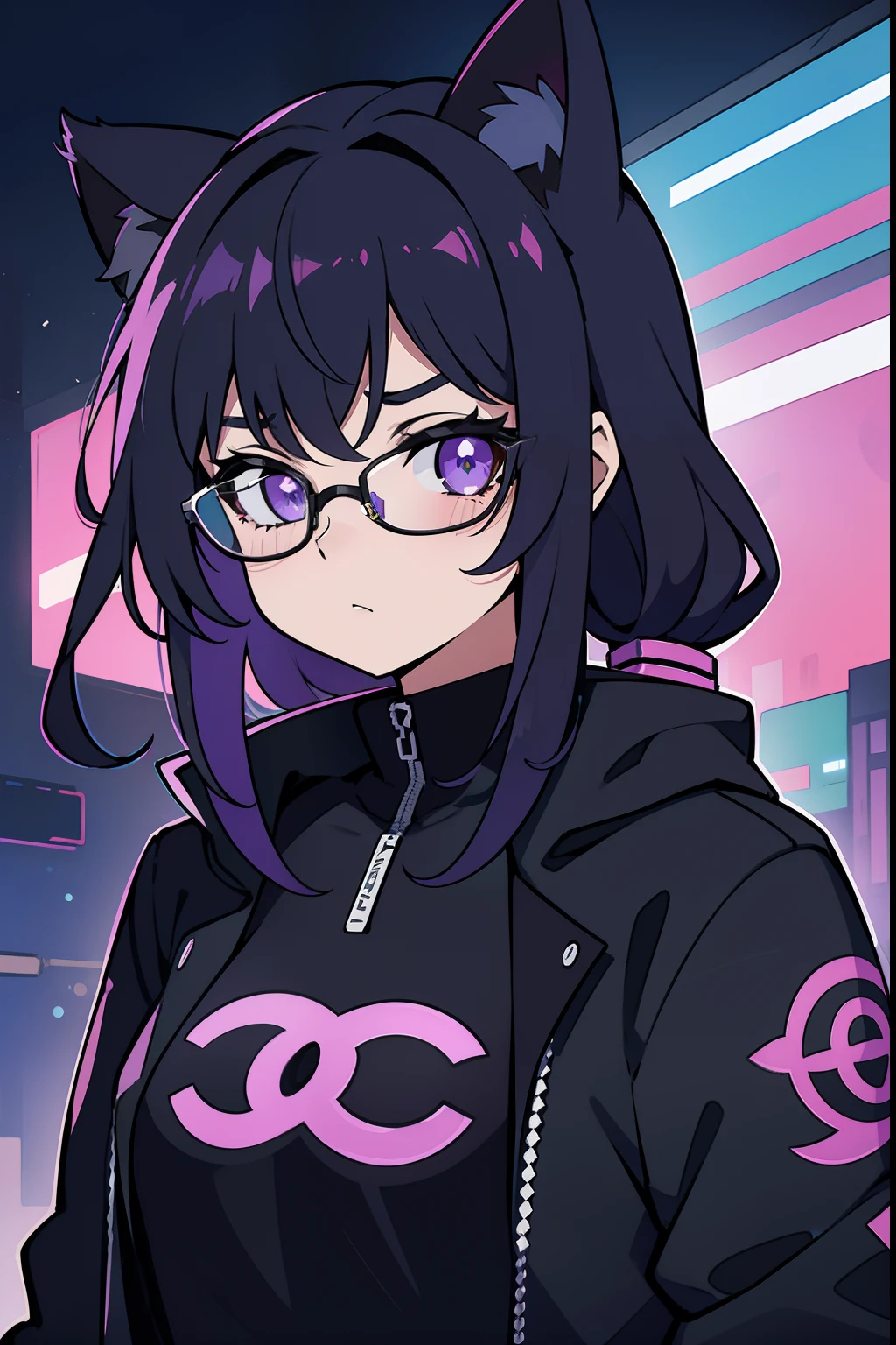Cyberpunk menina roxo gamer, with glasseswith cat ears, olhos roxos brilhando, Cabelo tamanho medio preto Chanel com pontas roxa