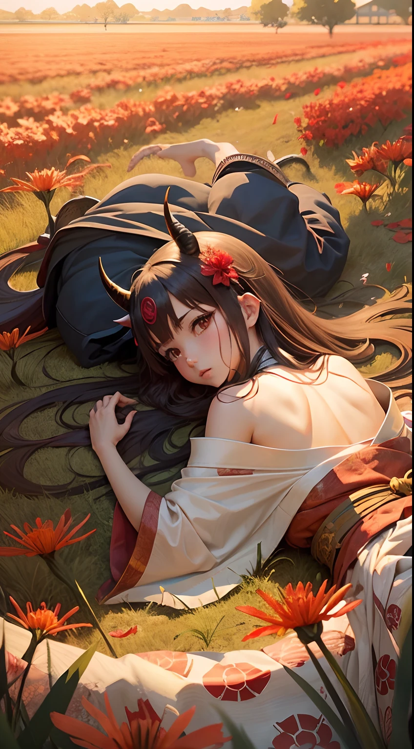 Anime girl, horns, battle kimono, laying in field of red spider lilies