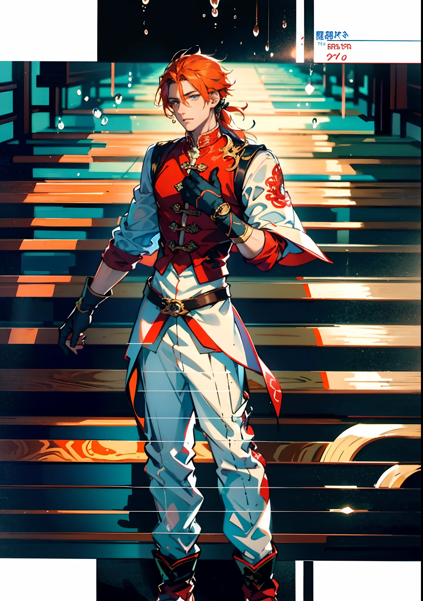 A young man with bright orange hair, clear and bright eyes, a delicate face, an innocent expression, wears a two-piece fantasy-style outfit in red and blue, a simple yet elegant design, the outfit featuring intricate twisted patterns, matching pants and boots, wears gloves that also serve as wrist guards, the scene is filled with flying water droplets and mist, water droplets, mystical atmosphere, this character embodies a finely crafted fantasy-style Chinese martial hero design in anime style, characterized by a sophisticated and mature manga illustration art style, full body character drawing, high definition, best quality, highres, ultra-detailed, ultra-fine painting, extremely delicate, professional, anatomically correct, symmetrical face, extremely detailed eyes and face, high quality eyes, creativity, RAW photo, UHD, 8k, Natural light, cinematic lighting, masterpiece:1.5