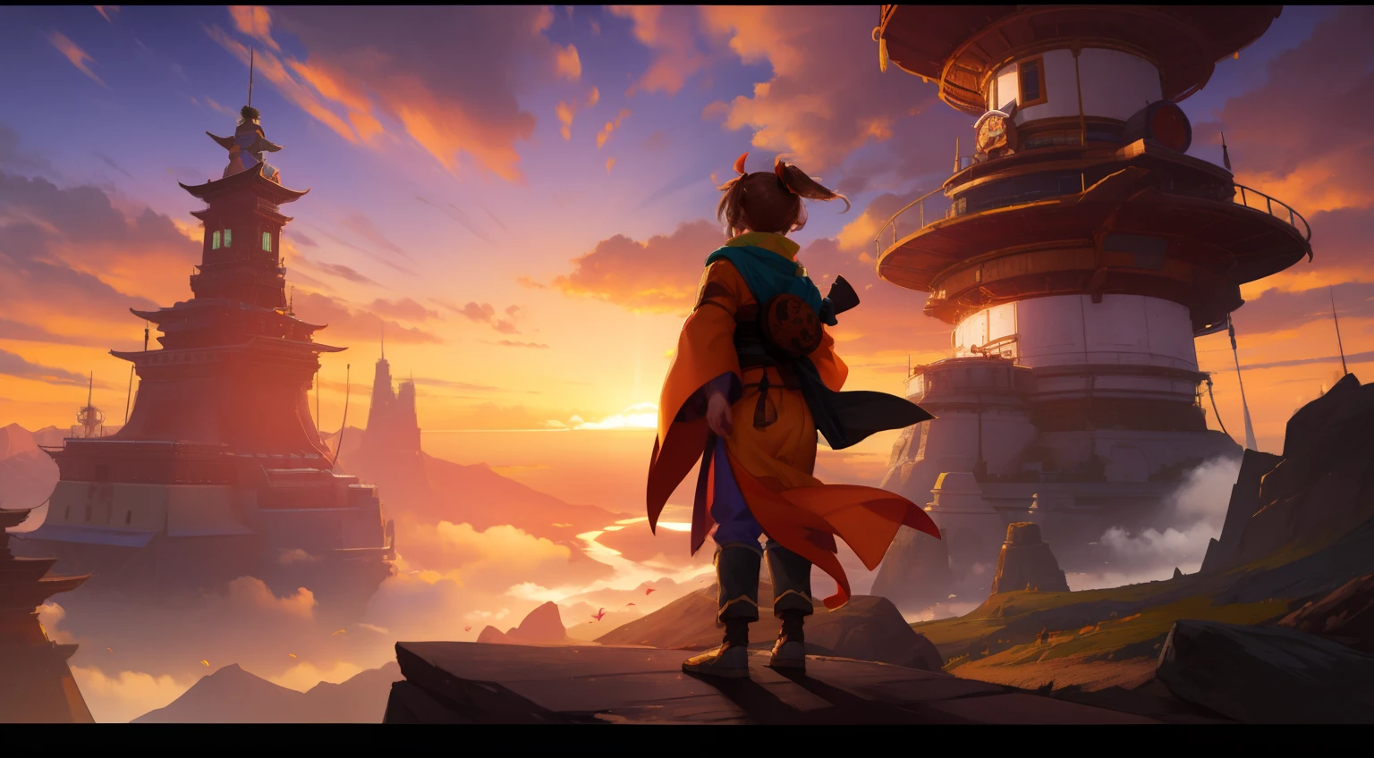 videogame concept, fantasy, day, horizon, a teen with orange kimono backwards watching the Horizon, moutains, brown hair, masterpiece, Full body