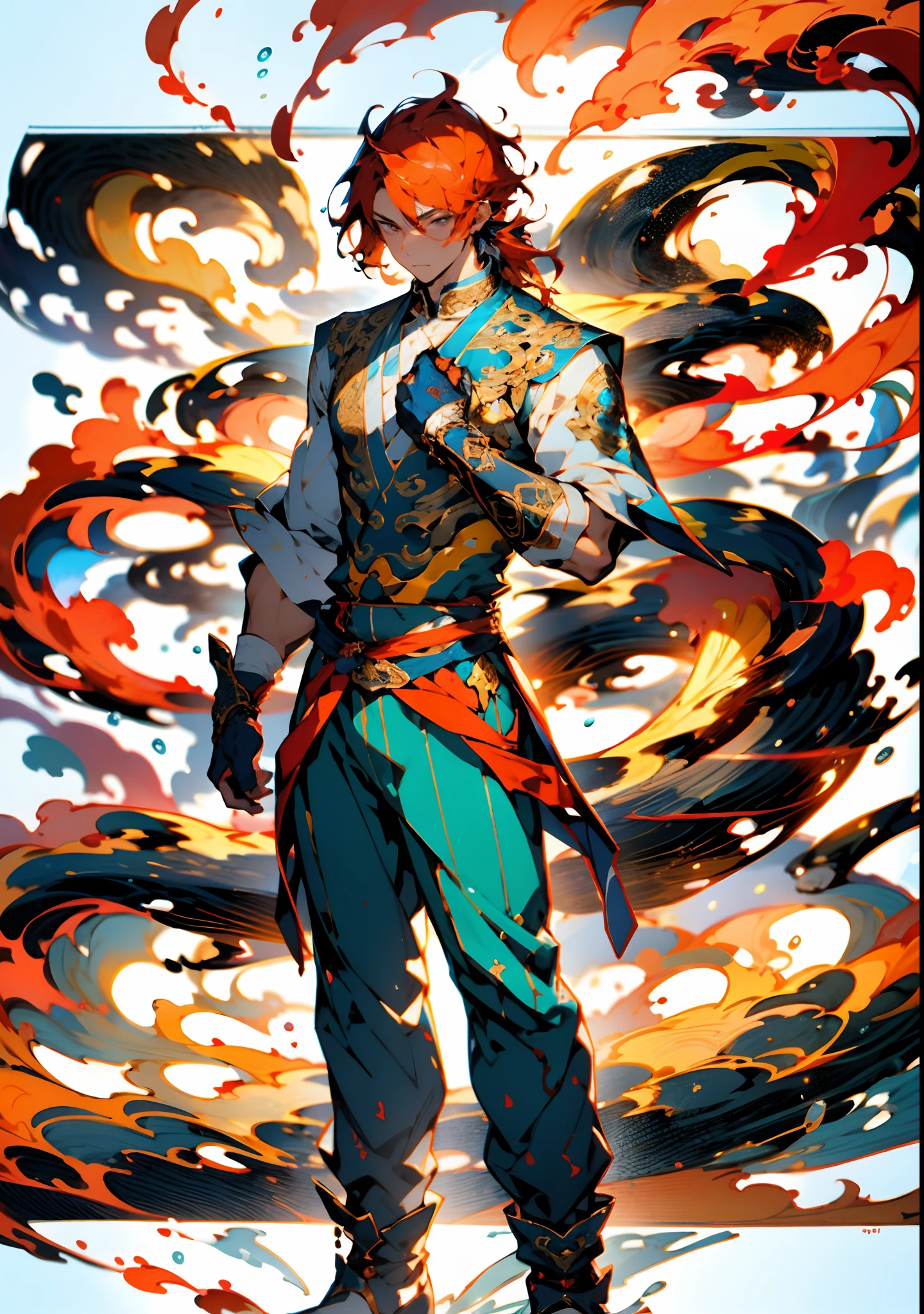 A young man with bright orange hair, clear and bright eyes, a delicate face, an innocent expression, wears a two-piece fantasy-style outfit in red and blue, a simple yet elegant design, the outfit featuring intricate twisted patterns, matching pants and boots, wears gloves that also serve as wrist guards, the scene is filled with flying water droplets and mist, water droplets, mystical atmosphere, this character embodies a finely crafted fantasy-style Chinese martial hero design in anime style, characterized by a sophisticated and mature manga illustration art style, full body character drawing, high definition, best quality, highres, ultra-detailed, ultra-fine painting, extremely delicate, professional, anatomically correct, symmetrical face, extremely detailed eyes and face, high quality eyes, creativity, RAW photo, UHD, 8k, Natural light, cinematic lighting, masterpiece:1.5