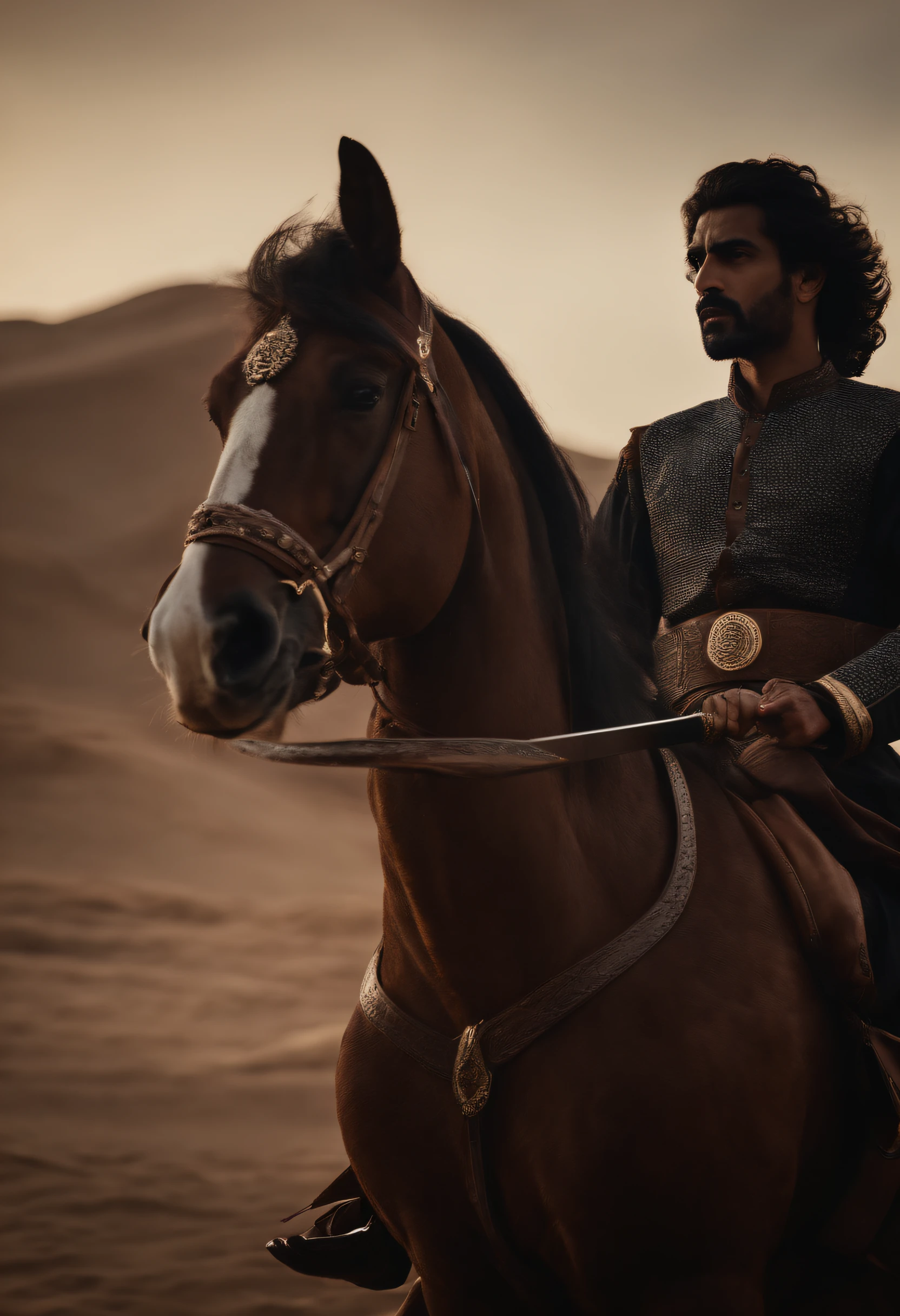 ramatic image of Khalid bin Waleed on horseback, sword raised