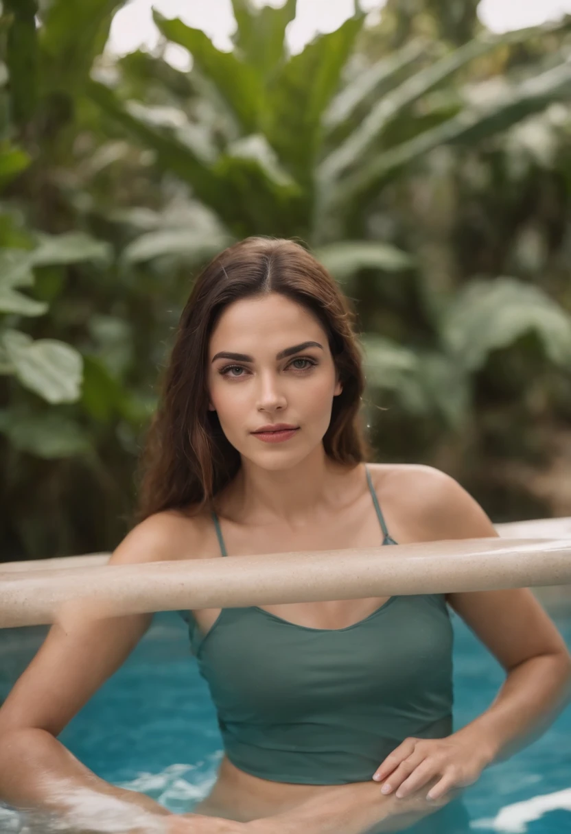 Mulher bonita por volta dos seus 25 anos tirando fotos naturais perto de uma piscina
