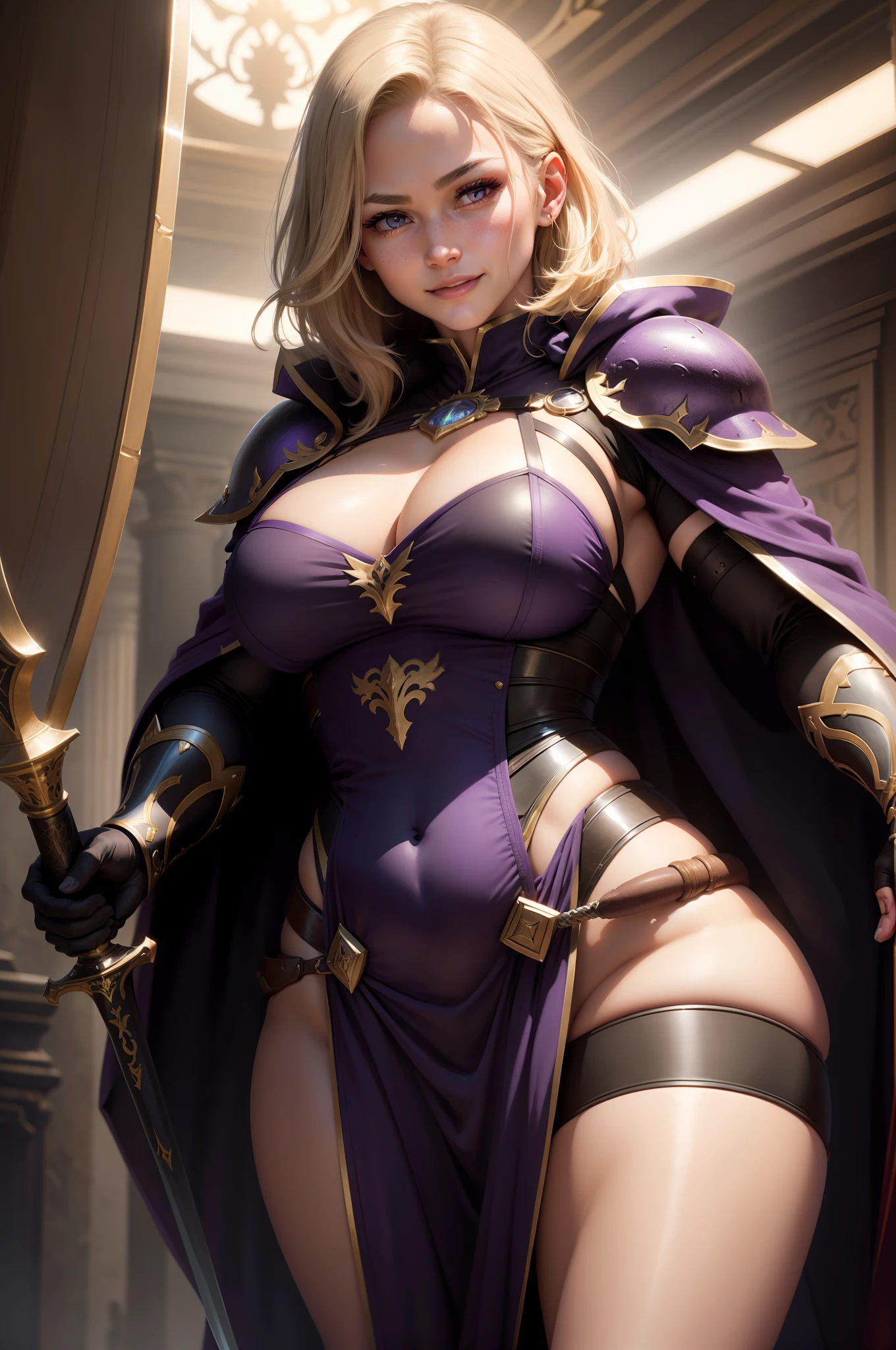 Photorealistic, High resolution, Soft light,1womanl, Solo, Large woman with good muscle and macho physique, (Detailed face),Blonde Belly Shorthair, Bold smile black robes, Black and brown armor, shining purple eyes enticing 超A high resolution super precision Confident smile real looking skin Holding a big sword The effect of emitting strong light from the body full armor Fearless face