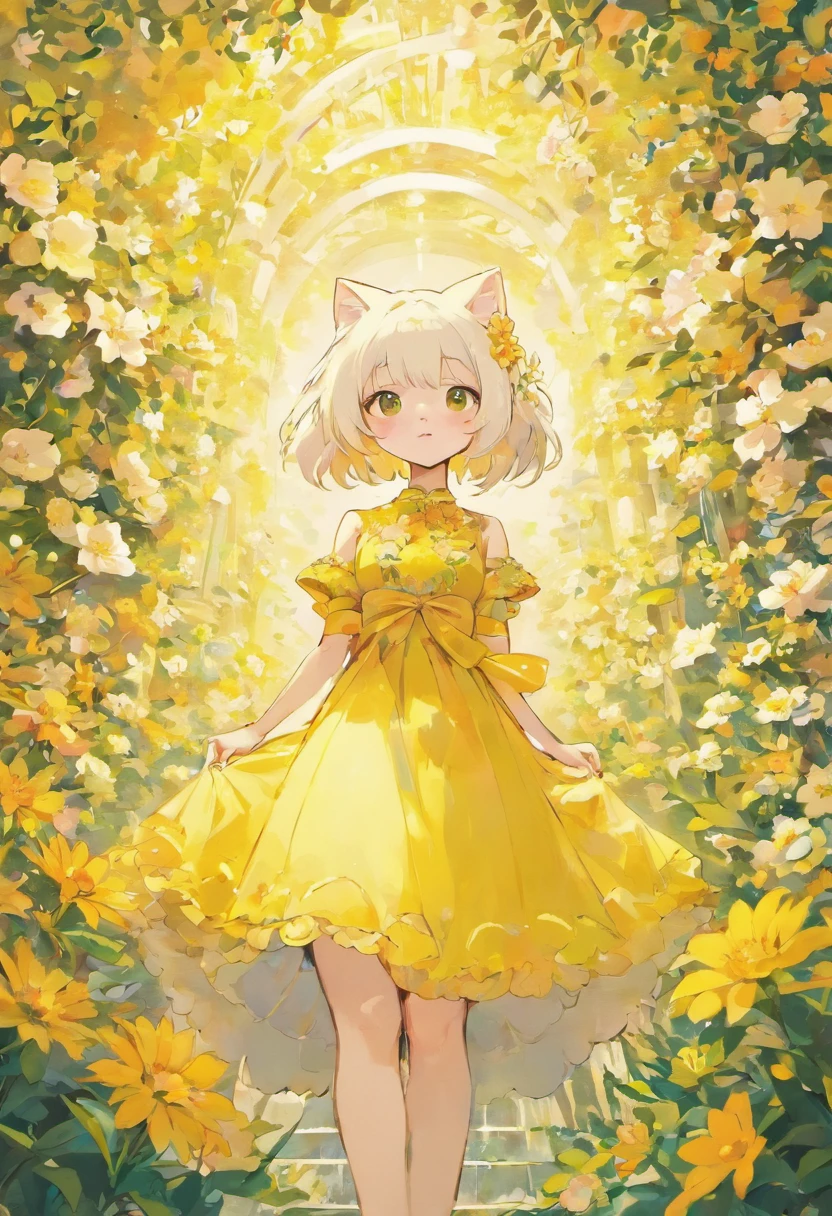a white cute cat surrounded by flowers and wearing a yellow dress
