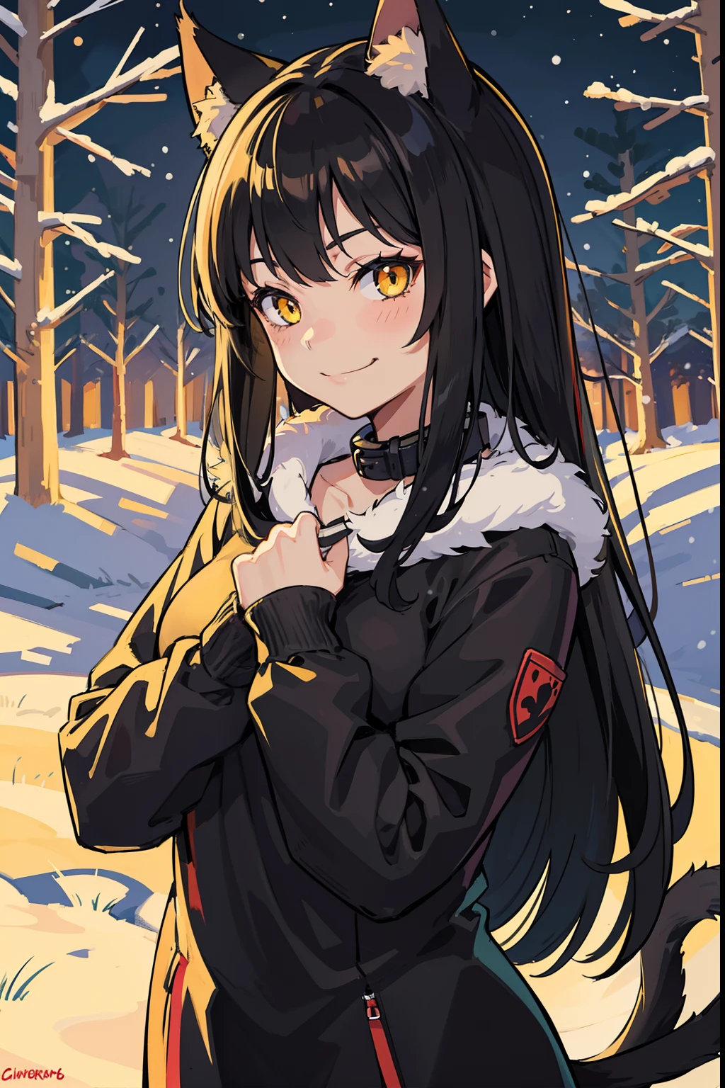 wallpapers, 8K, 4k, Anime style, Masterpiece, 1girl,cat ears, cat tail,Side bangs, Long hair, black hair,yellow pupils,Yellow eyes, catgirl, Someone, catgirl, smirking, Smiling, Evil smile, snowing, woods, Coniferous trees, a starry sky, The Snowy Forest Behind, looks at the viewer, A collar with a heart, warm clothes with fur, Happy, Playful, shapely body, Warmly dressed