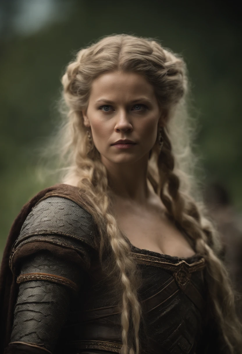 Lagertha, mulher linda, jovem, loira em batalha