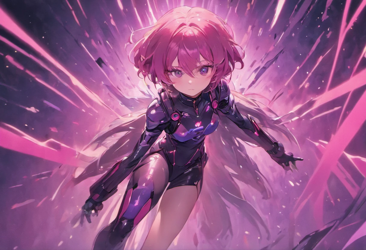 young woman 25 years old with purple pink bolage colored mid back hair length wearing a futuristic tactical armor holding a futuristic sci-fi assault rifle in one hand while conjuring magical super power elements with the other hand. standing in a battle ready to strike stance.