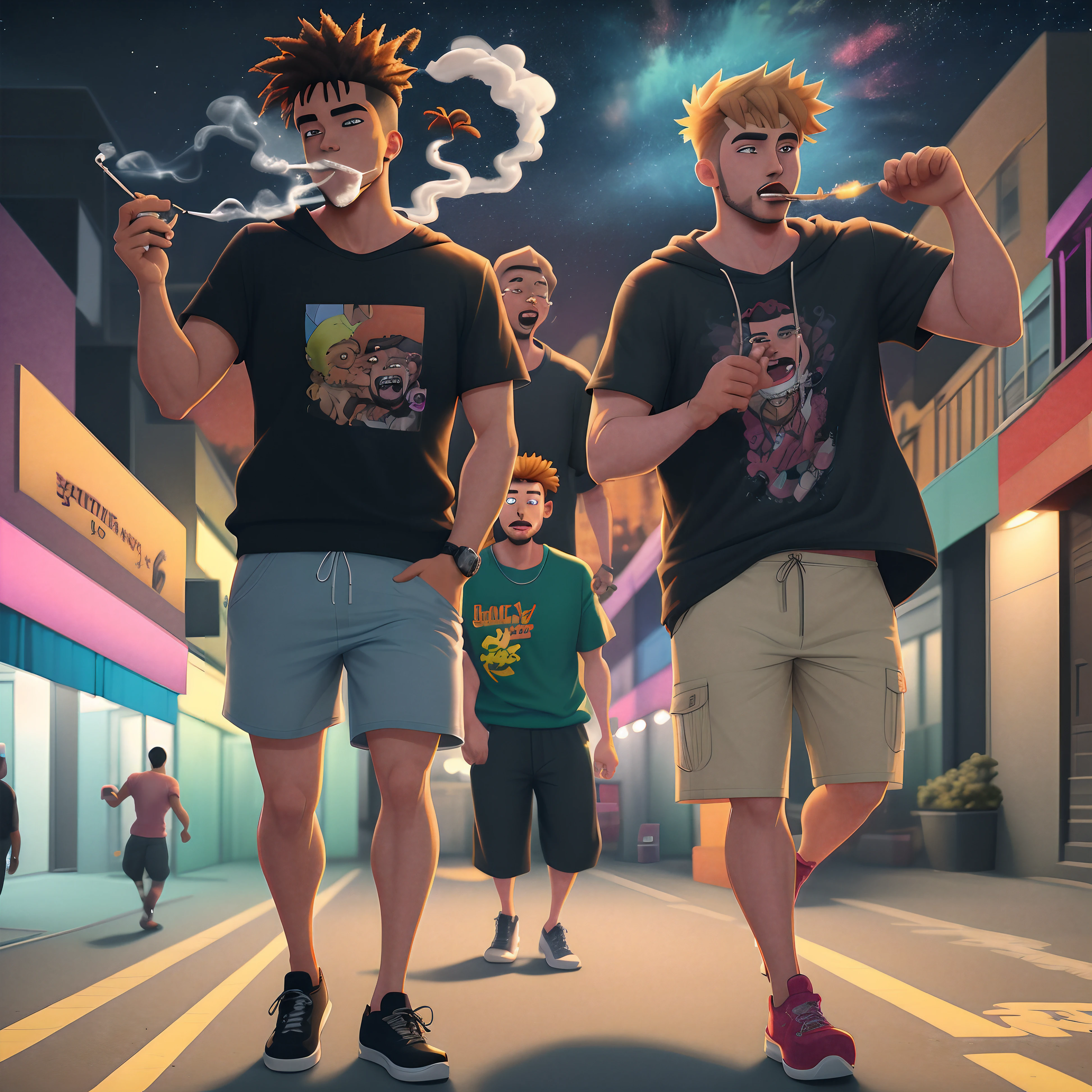 Two men walking down the Hood smoking weed themselves at night with the rest of the gang partying dancing and vibing surrounding eye catching animated cartoon focus and well detailed