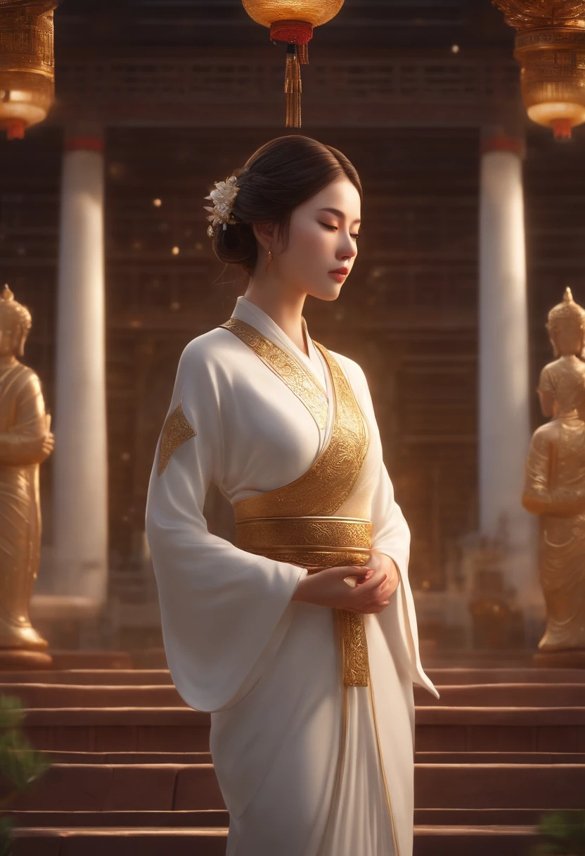 (master piece:1.2),best quality,Pixiv,Taoist,(meditation:1.1),
Alone,Oriental woman standing in front of Buddha,Brown hair,Glitter,White long dress with gold accents,Realistic,Skin Textures,8k