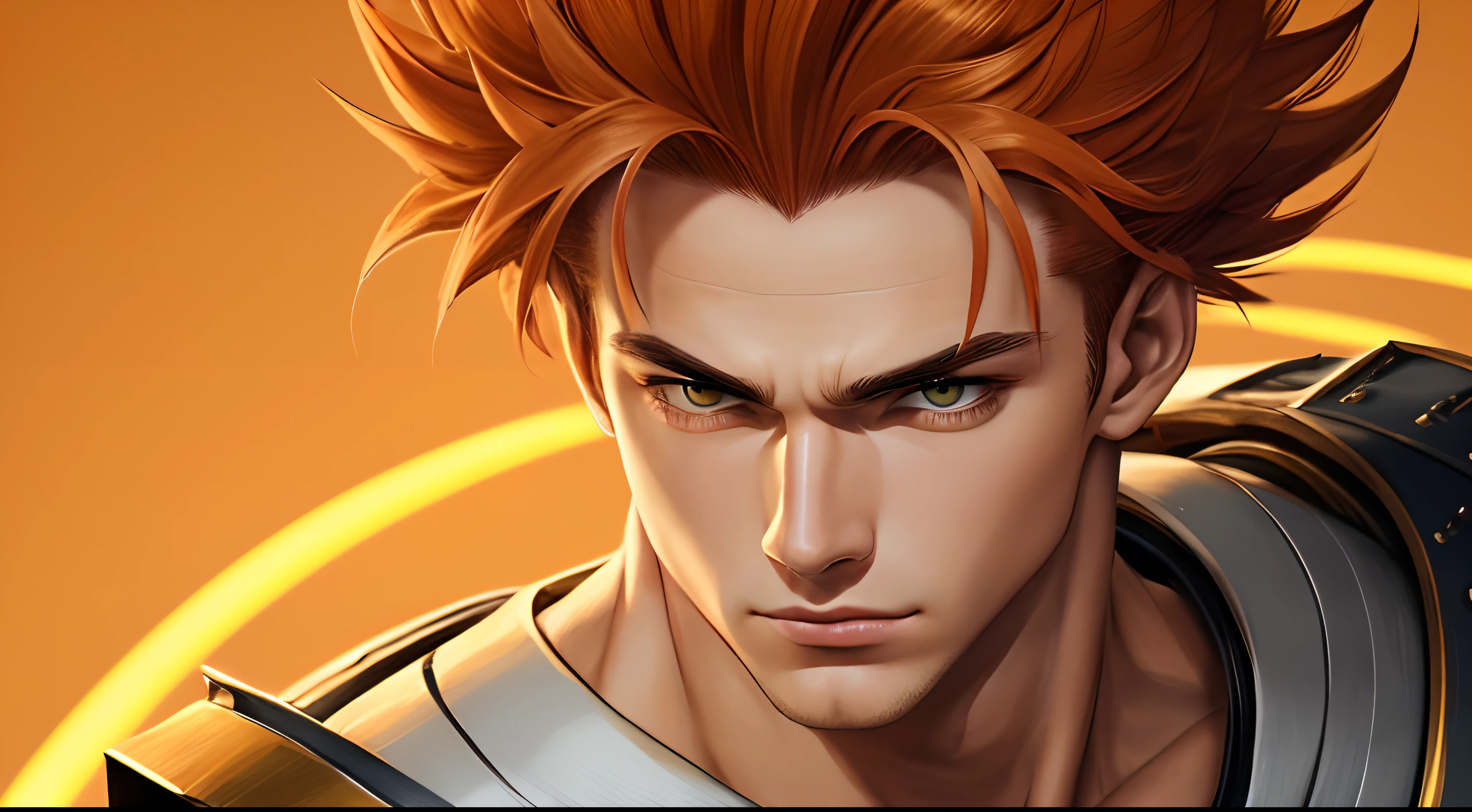 "Cheerful Garou 20 years old is a real masterpiece with masculine beauty, perfect anatomy. Olpntng style, colorful rainbow, golden samurai outfit, clean design, epic Instagram, artstation, full streaks of paint, circles, contours. When you look at him Beautiful eyes you will clearly see every small detail and perfect line, every detail on the skin is beautiful in 8K quality everyone. We will be captivated by the confidence radiating from every look. His head has orange hair and his face is meticulously drawn in every detail with 8K image quality."