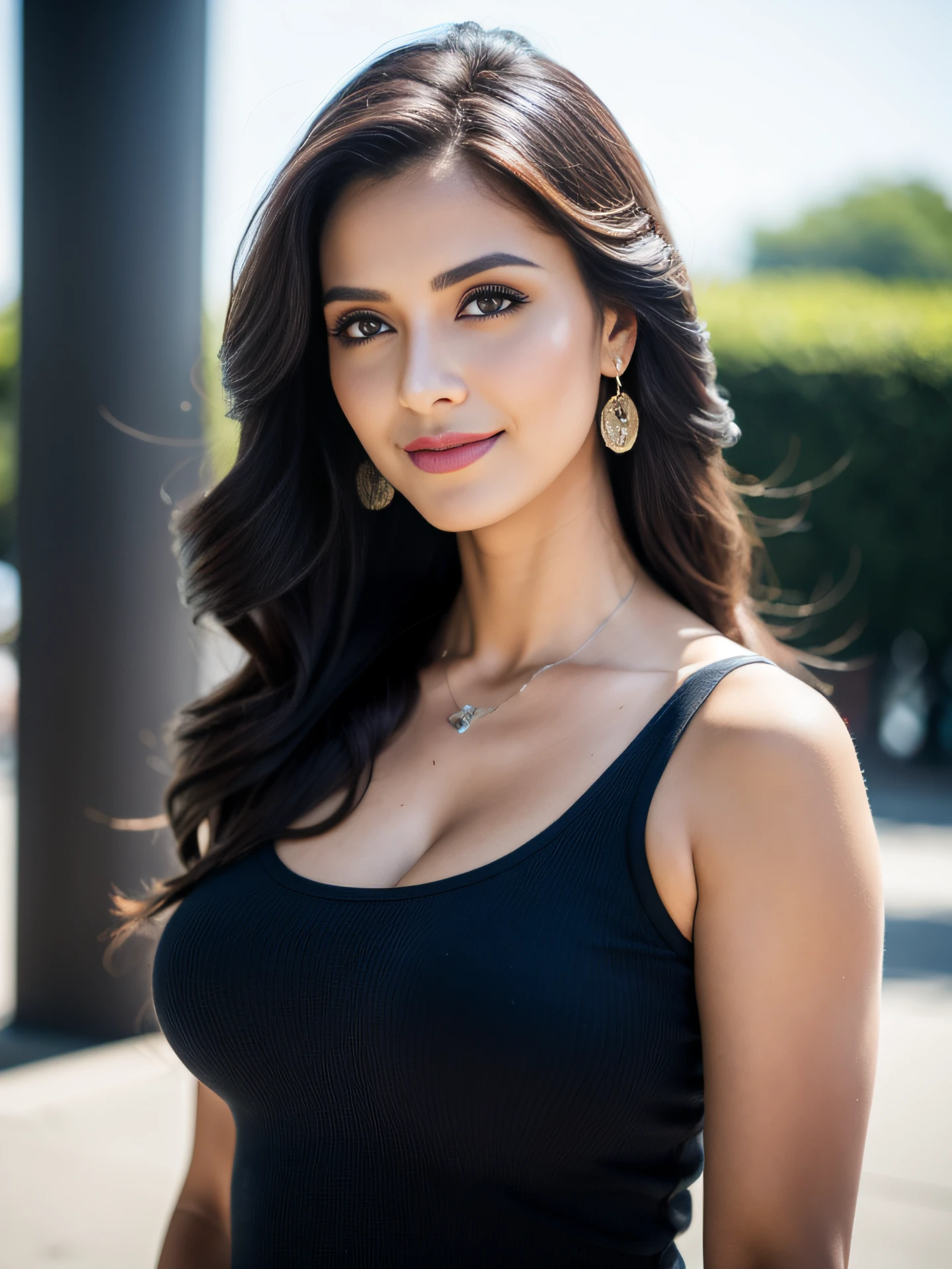 Portrait of A confident-looking  woman with  long and thick hair, hazel eyes, a tank top , a smile on the face, a lusty look, standing on the park, d-cup breast, perfect composition, hyperrealistic, super detailed, 8k, high quality, trending art, trending on artstation, sharp focus, studio photo, intricate details, highly detailed, art by Greg Rutkowski